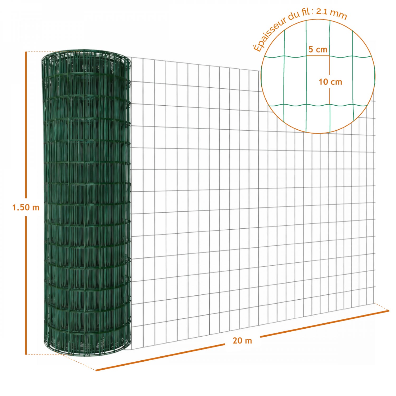 Grillage soudé plastifié pour clôture de jardin - 20 m x 1.5 m - Maille 5 x 10 cm - Diam 2.1 mm - Vert - Linxor - 2