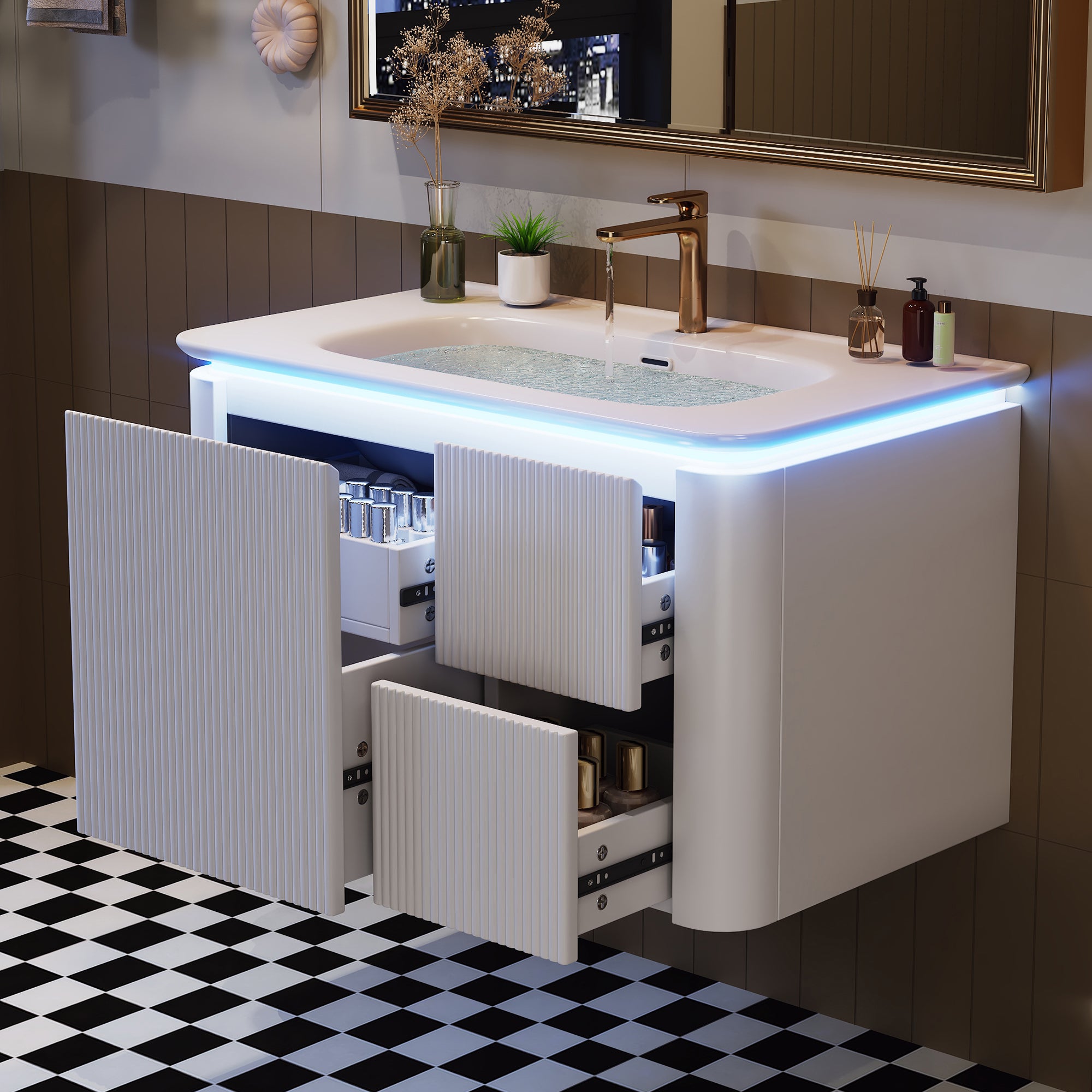 Meuble de salle de bain mural - Vasque simple en céramique et 4 tiroirs - 80,5 x 47,5 x 51 cm - MDF - LEDs - Laqué blanc - 3