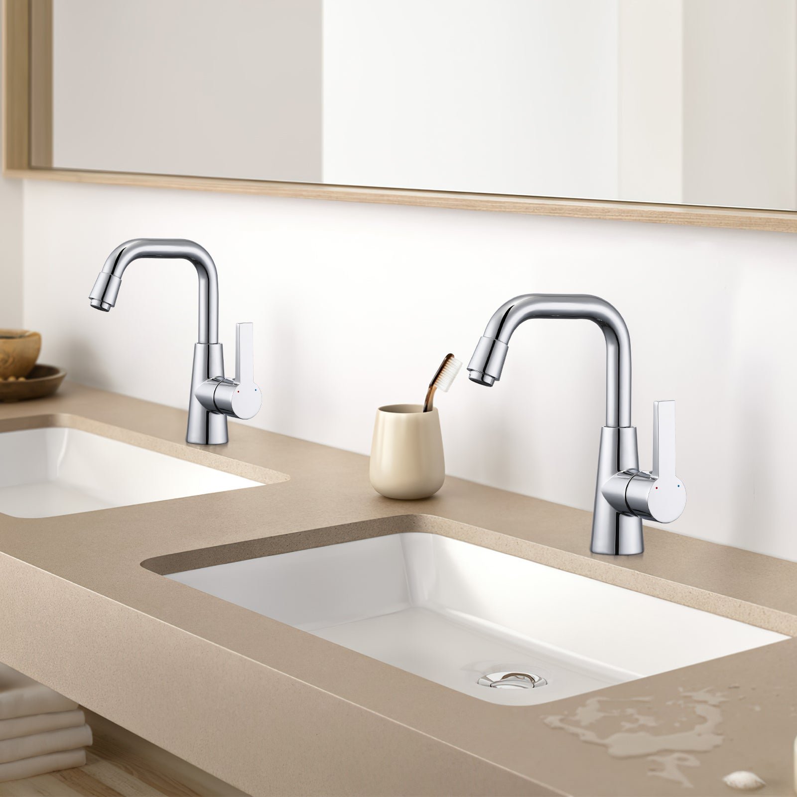 LOVHAUS Bateria Łazienkowa, Baterie Umywalkowe Chromowane z Mosiądzu, Jednouchwytowa Bateria Obrotowa 360° do Łazienki, 2 Sztuki