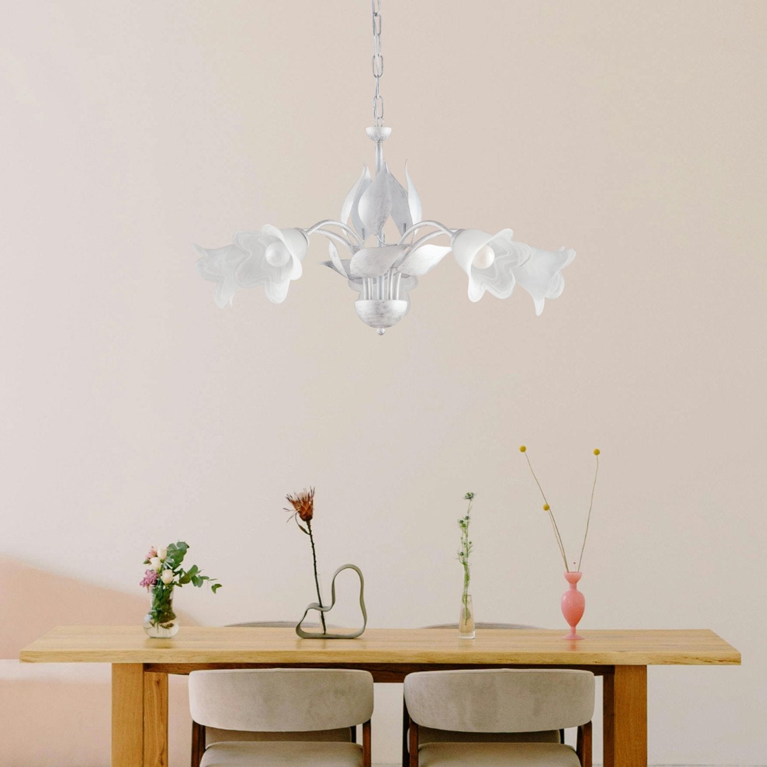 Lustre Olga fer blanc, déco argent antique, verre albâtre d.14, 5 lumières d.68 cm style lumineux traditionnel - 3