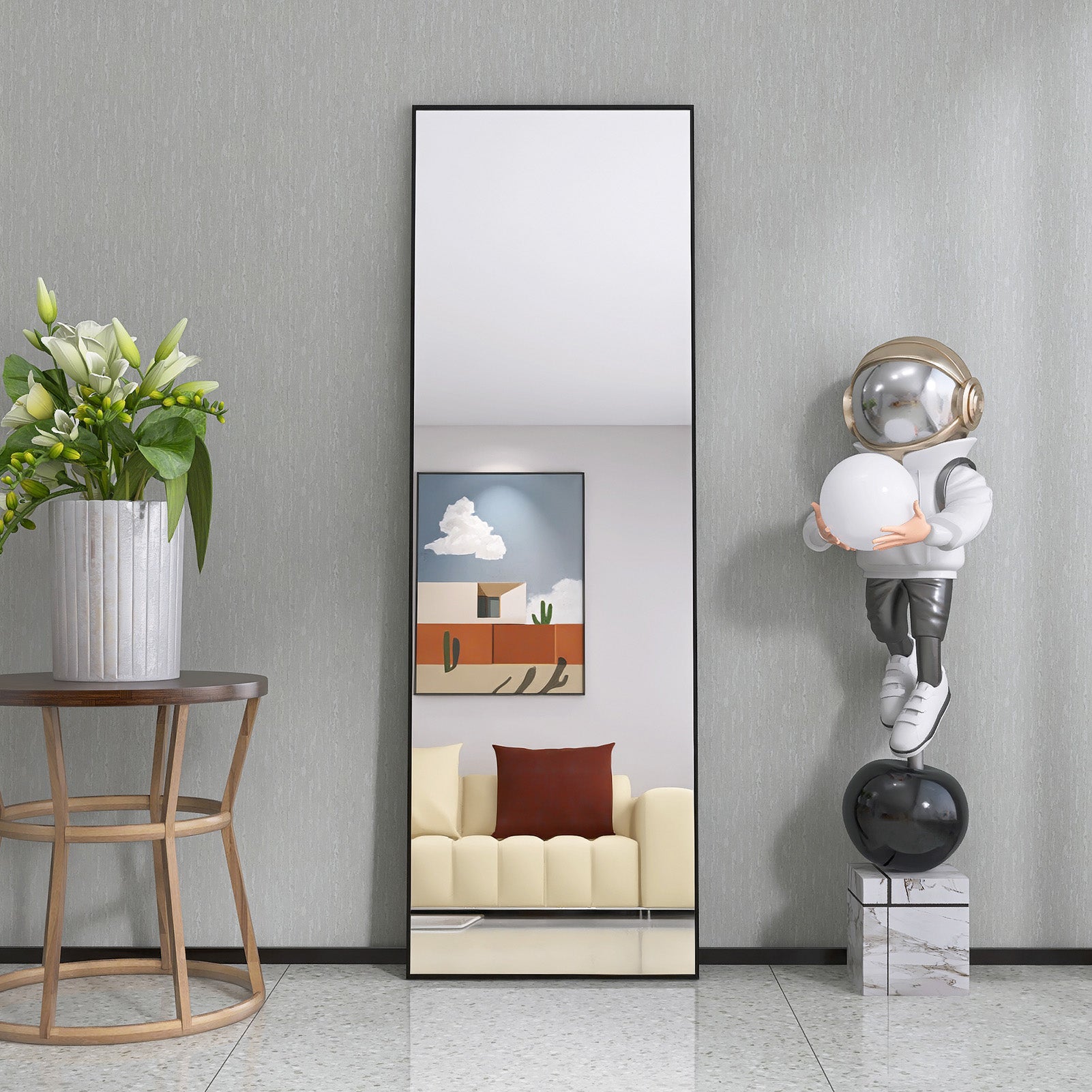 Miroir rectangulaire aluminium noir l.165 x H.60 cm - Miroir Pleine Longueur - Grand Miroir sur Pied/Mural - Penché ou Suspendu - Noir - 7