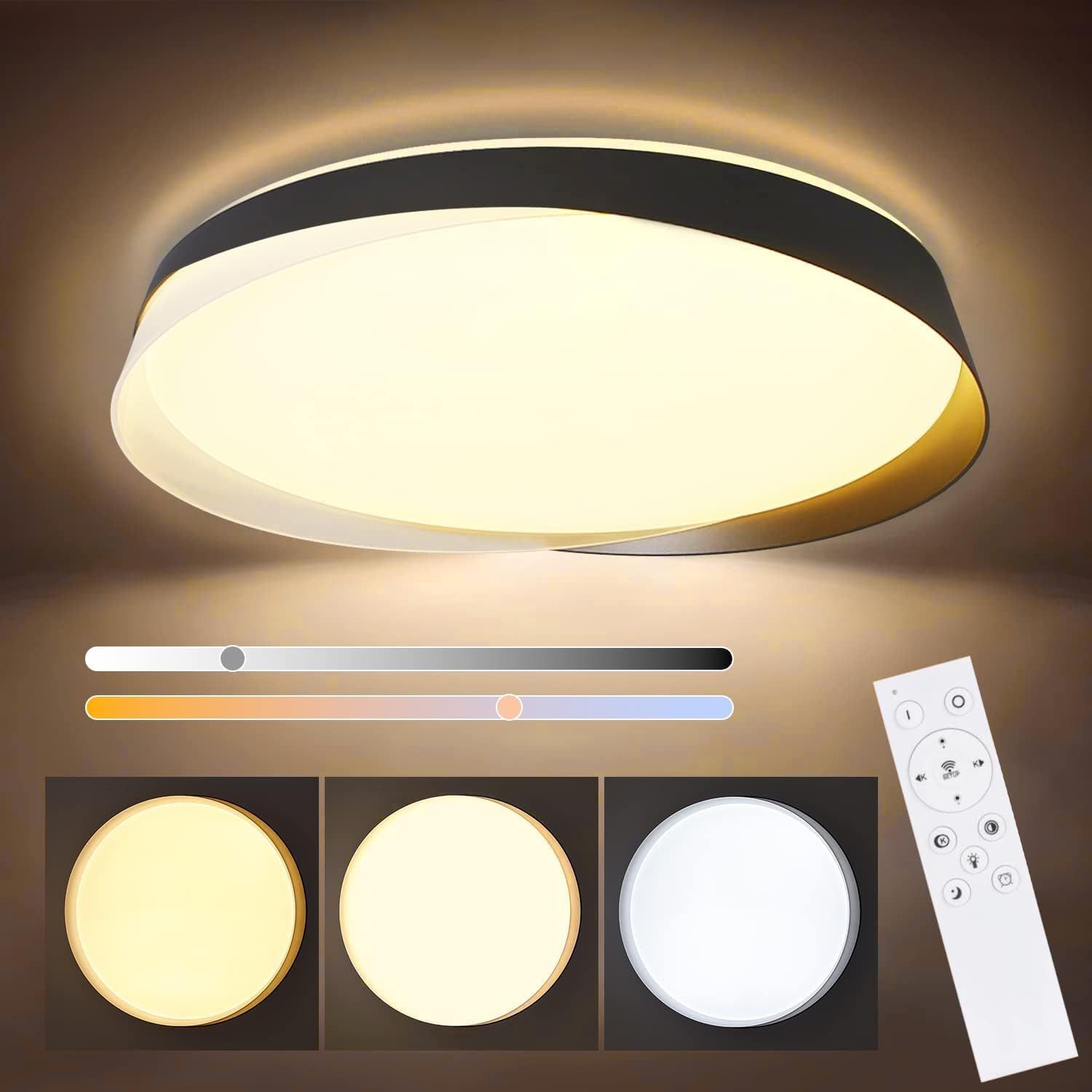 NETTLIFE Lampa sufitowa LED 36W, 3000K-6000K, 41,5*41,5*7,5cm Ściemnialna czarna z pilotem Nowoczesna okrągła sypialnia do kuchni