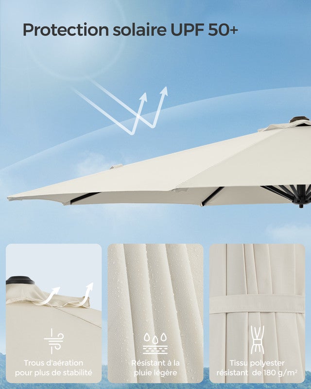 Parasol de Jardin 300 cm, UPF 50+, Parasol de Terrasse, Pivotant à 360°, Inclinaison Fluide, Manivelle, avec Base en Croix, Blanc Crème - 3