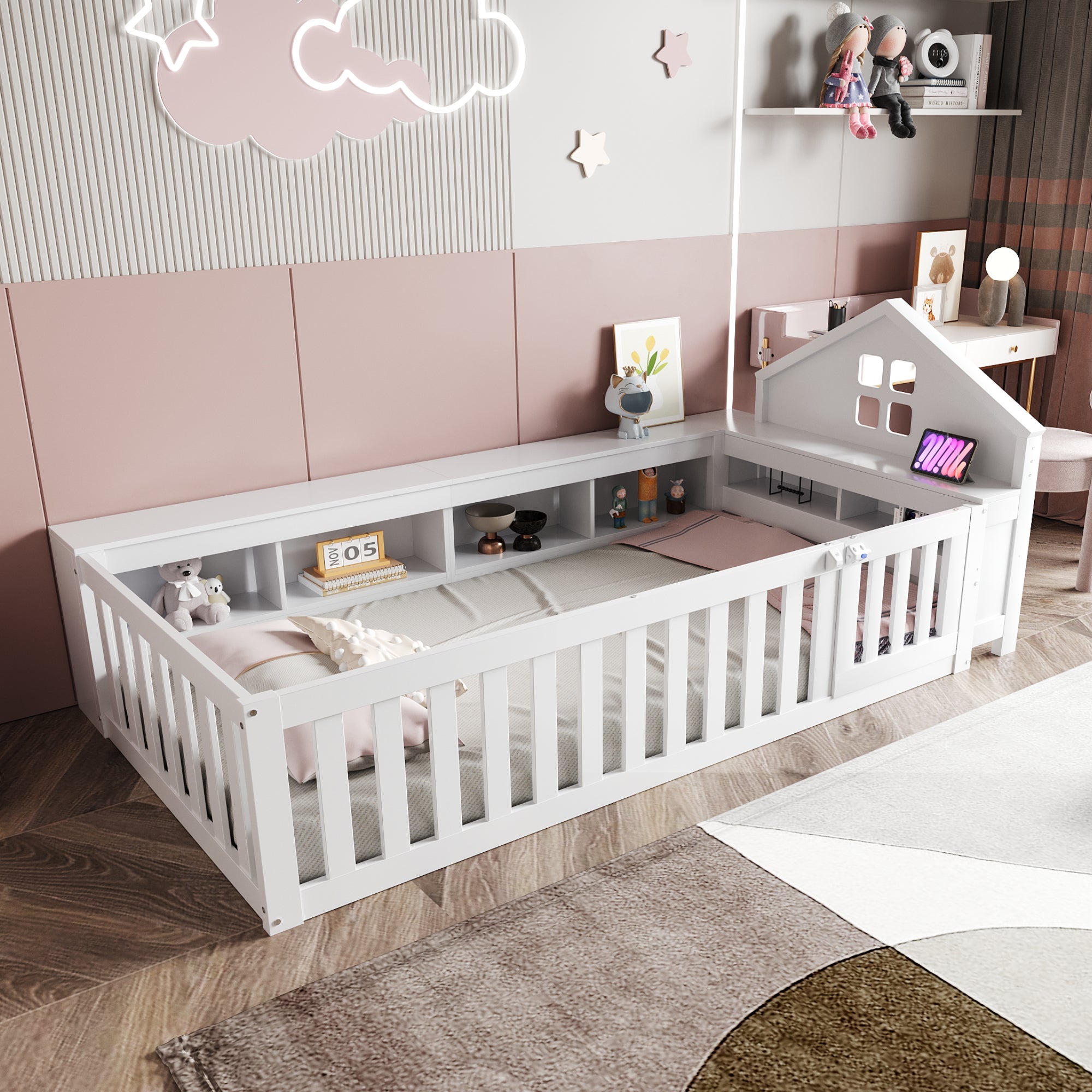 Łóżko dziecięce 90x200cm - ze schowkiem - z drzwiczkami - z listwową podstawą - białe (materac nie wchodzi w skład zestawu)
