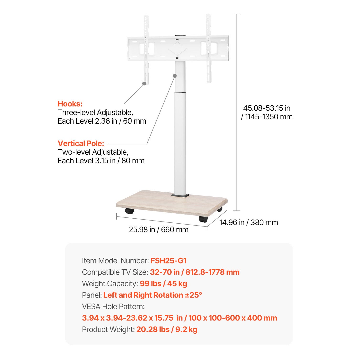 Support TV SucceBuy mobile a roulettes, compatible avec ecrans de 812,8 a 1778 mm, rotation laterale a 25°, capacite 45 kg, VESA jusqua 600 x 400 mm - 7