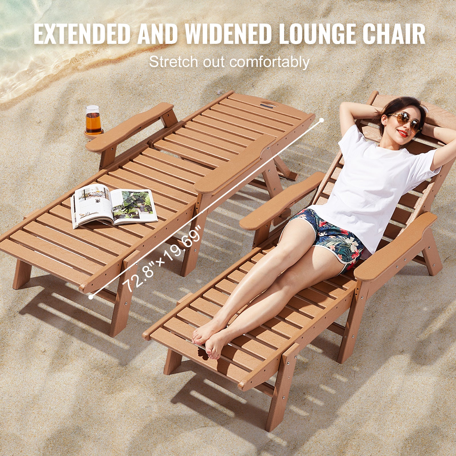 Bain Soleil VEVOR, Charge 181 kg, PEHD, avec Dossier Réglable sur 6 Positions, Accoudoir, Porte-gobelet, pour Terrasse, Patio, Pelouse, Marron - 5
