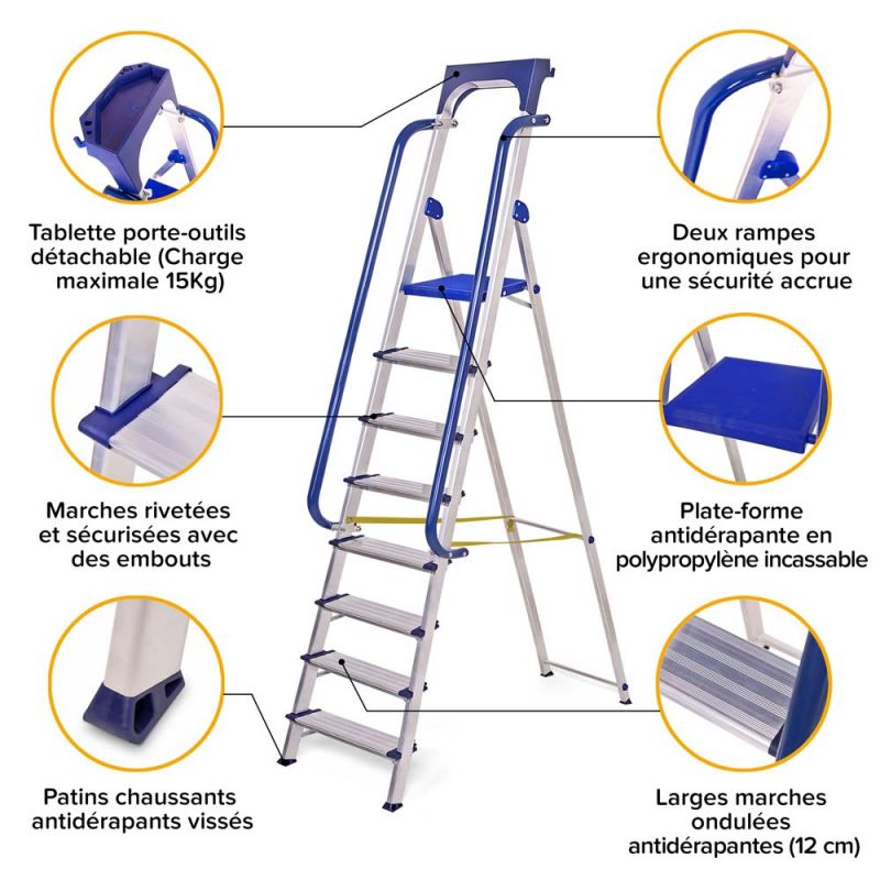 HOSTRÖM Escabeau 8 marches Secure pro, aluminium renforcé, sécurisé avec rampes, tablette porte-outils, hauteur plateforme 182cm, charge 150kg - 2