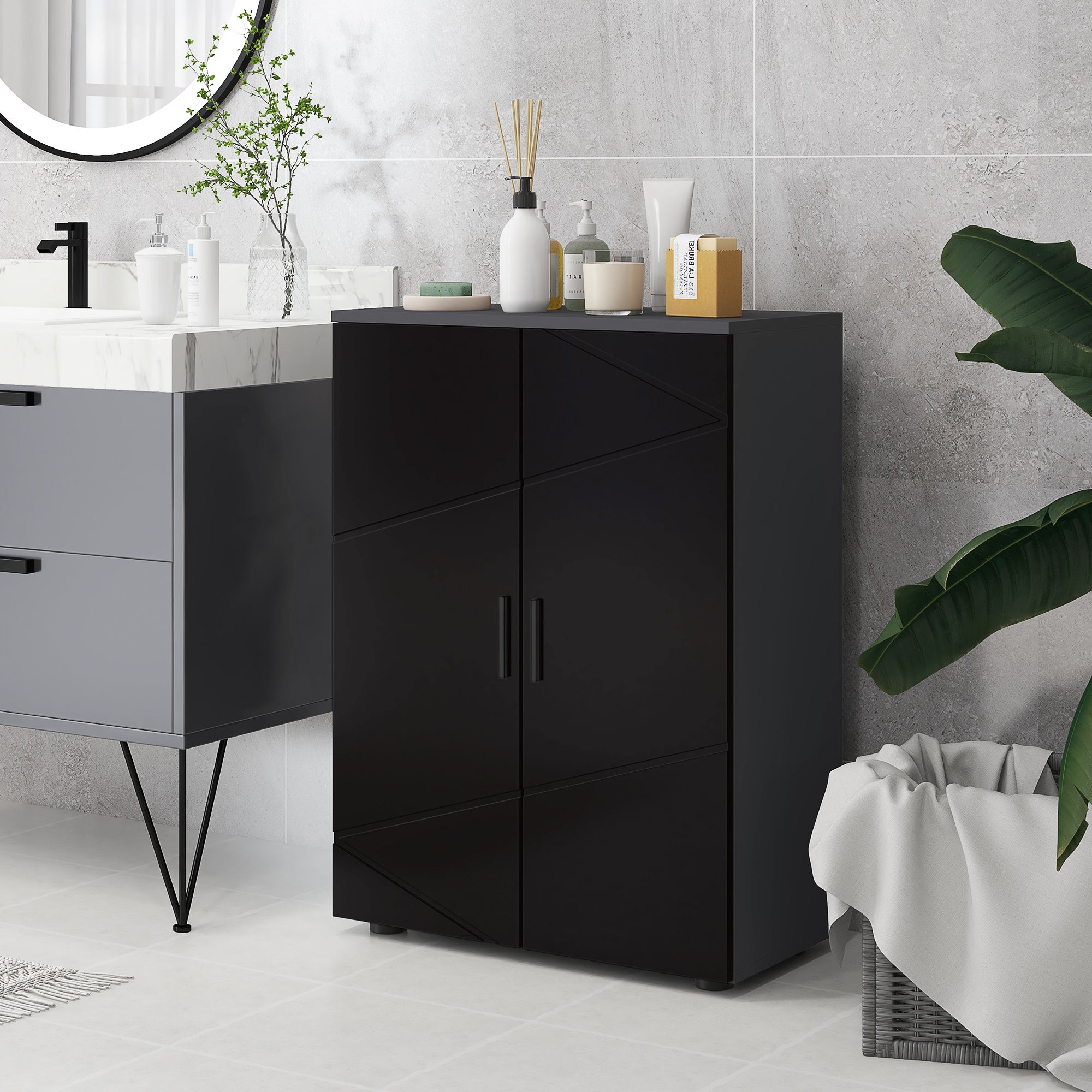 Mobiletto Da Bagno In Legno 60x30x60 Cm | Design Moderno Scandinavo, Armadio Con Due Scomparti, Piedi In Legno Massello E Maniglie Cromate - 4