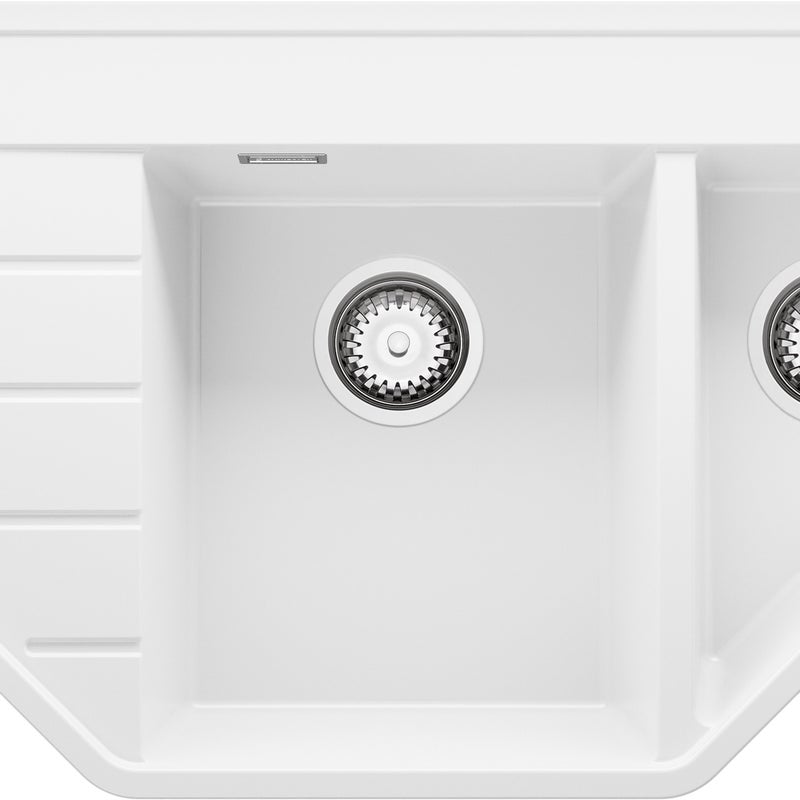 Zlewozmywak Narożny Biały 90x50cm, Zlew Kuchenny 1,5 Komorowy + Syfon, Nablatowy do szafki od 70cm - Kopenhaga Corner PRIMAGRAN