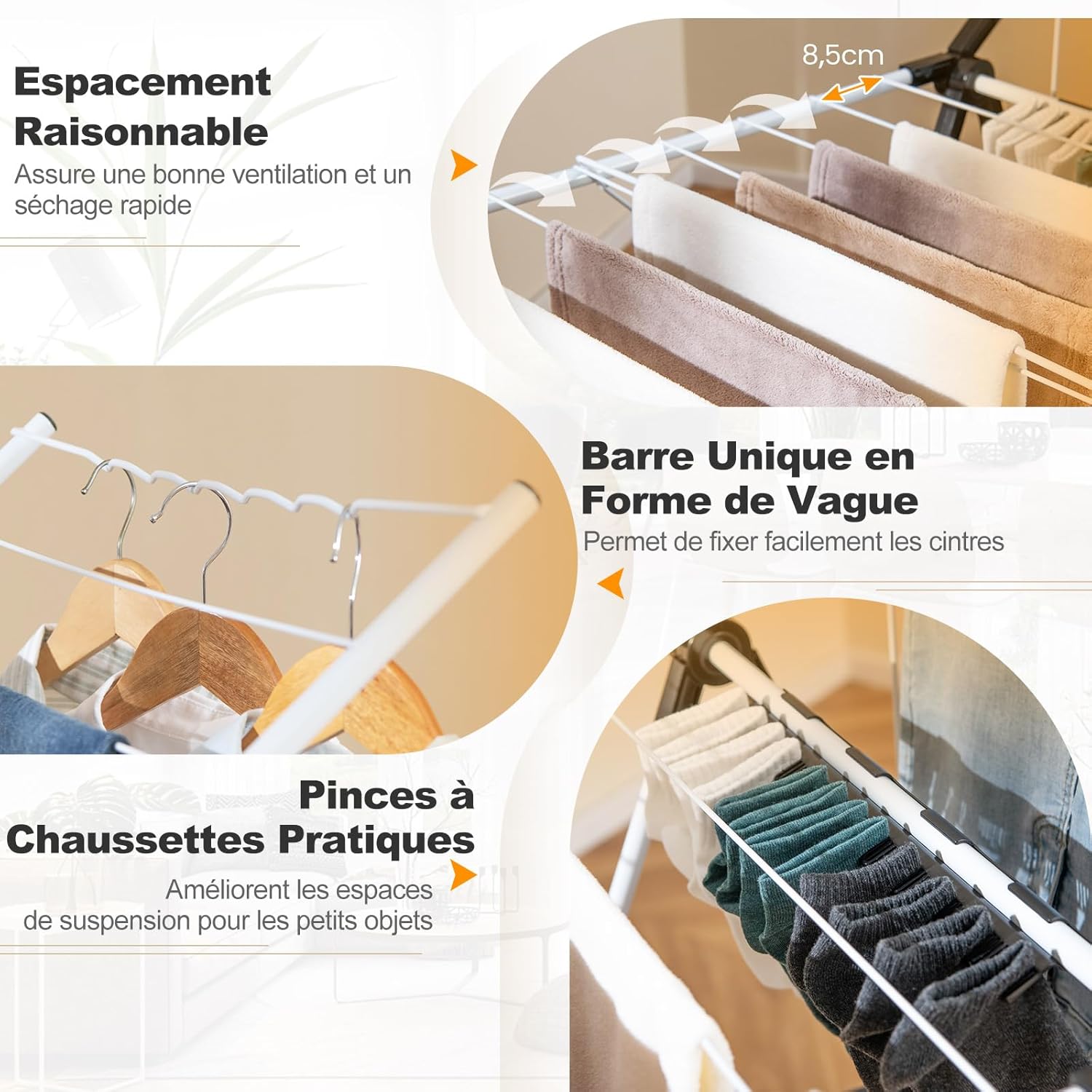 Etendoir Linge Interieur Pliable, Sechoir a Linge 2 Niveaux en Métal, 33 Barres, 4 Ailes Réglables, Pinces à Chaussettes, Intérieur Extérieur - 4