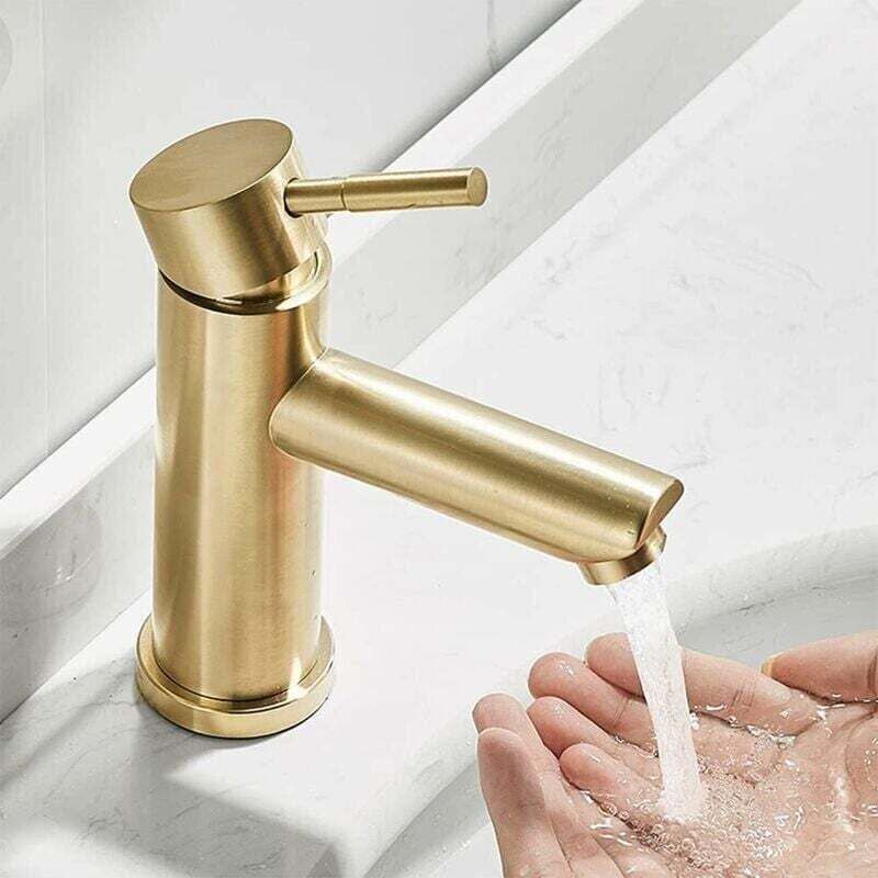Mitigeur Lavabo Moderne en Laiton Doré Brossé - Design Élégant pour Salle de Bain,Eau Chaude et Froide,Valve Céramique Durable - 4