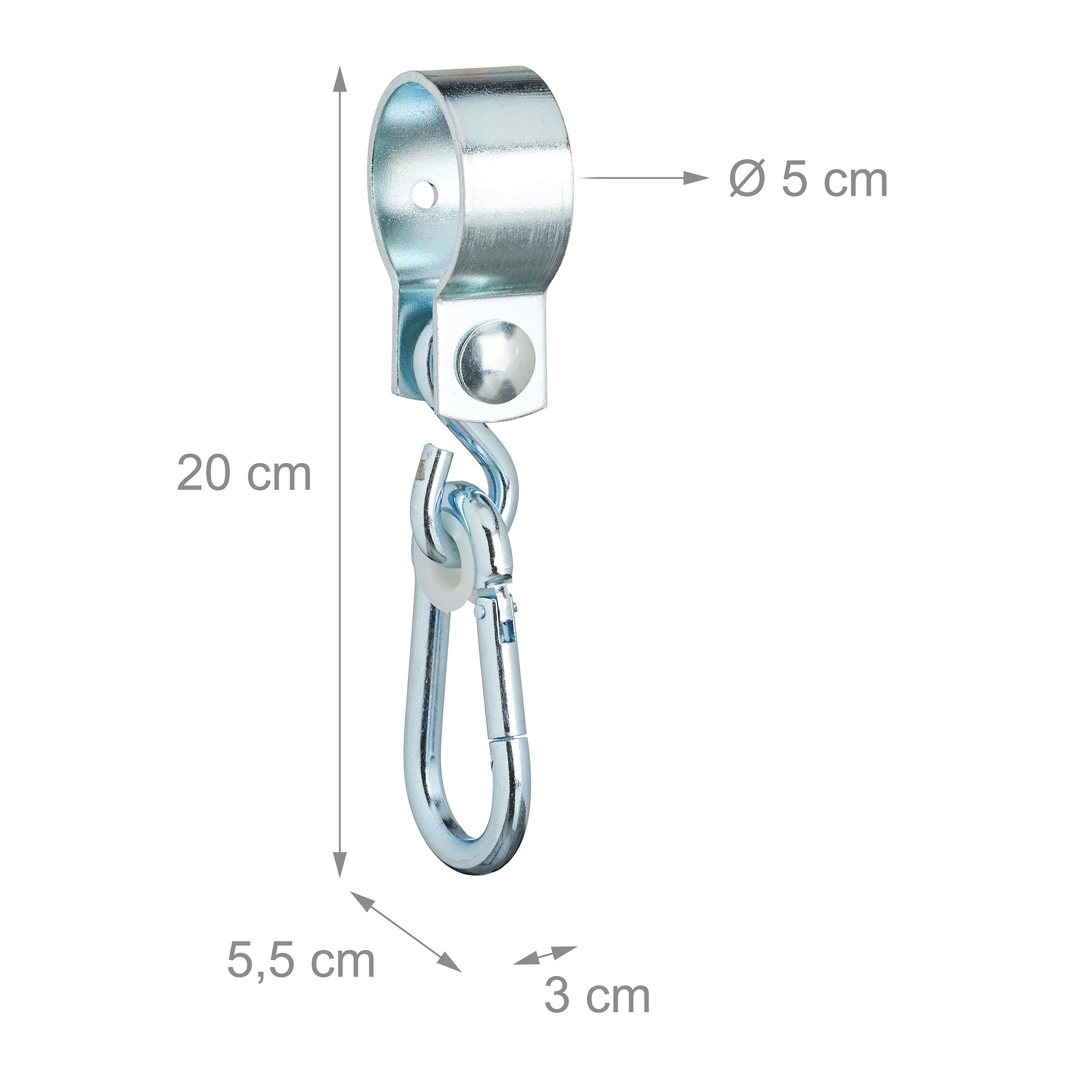 Crochet de balançoire, lot de 2, avec mousqueton, fixation chaise suspendue, 50 mm, fer inoxydable, argenté, Relaxdays - 4