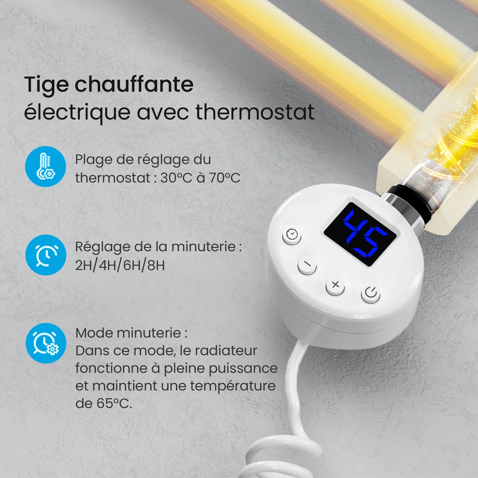 Heilmetz Sèche-Serviettes Electrique, Radiateur Sèche-Serviettes 70x40 cm Blanc avec Timing Elément de Chauffage Electrique - 8