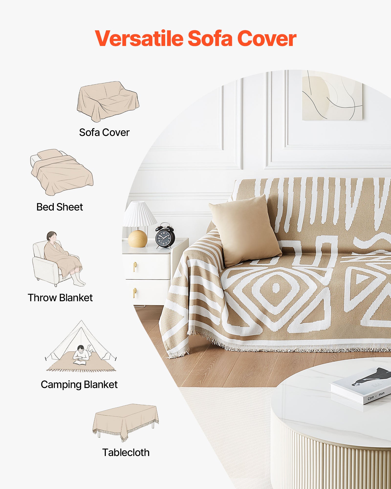 Copridivano 299 x 181 cm,VEVOR Stile Boho in Chenille Antiscivolo,Lavabile e Antigraffio,Protezione per Divano 2 Posti,Cachi - 5