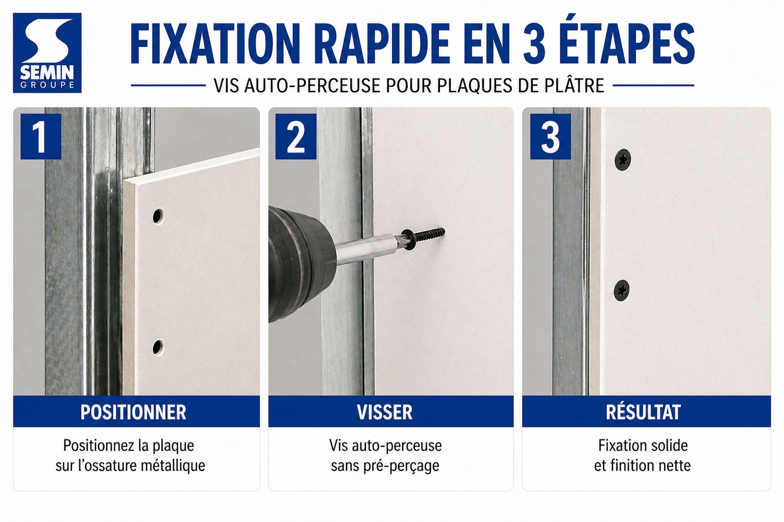 Vis auto perceuse Semin pour la fixation des plaques de plâtre sur l'ossature - intérieur - 25 mm x 3.5 mm - boîte de 1000 pièces - 3
