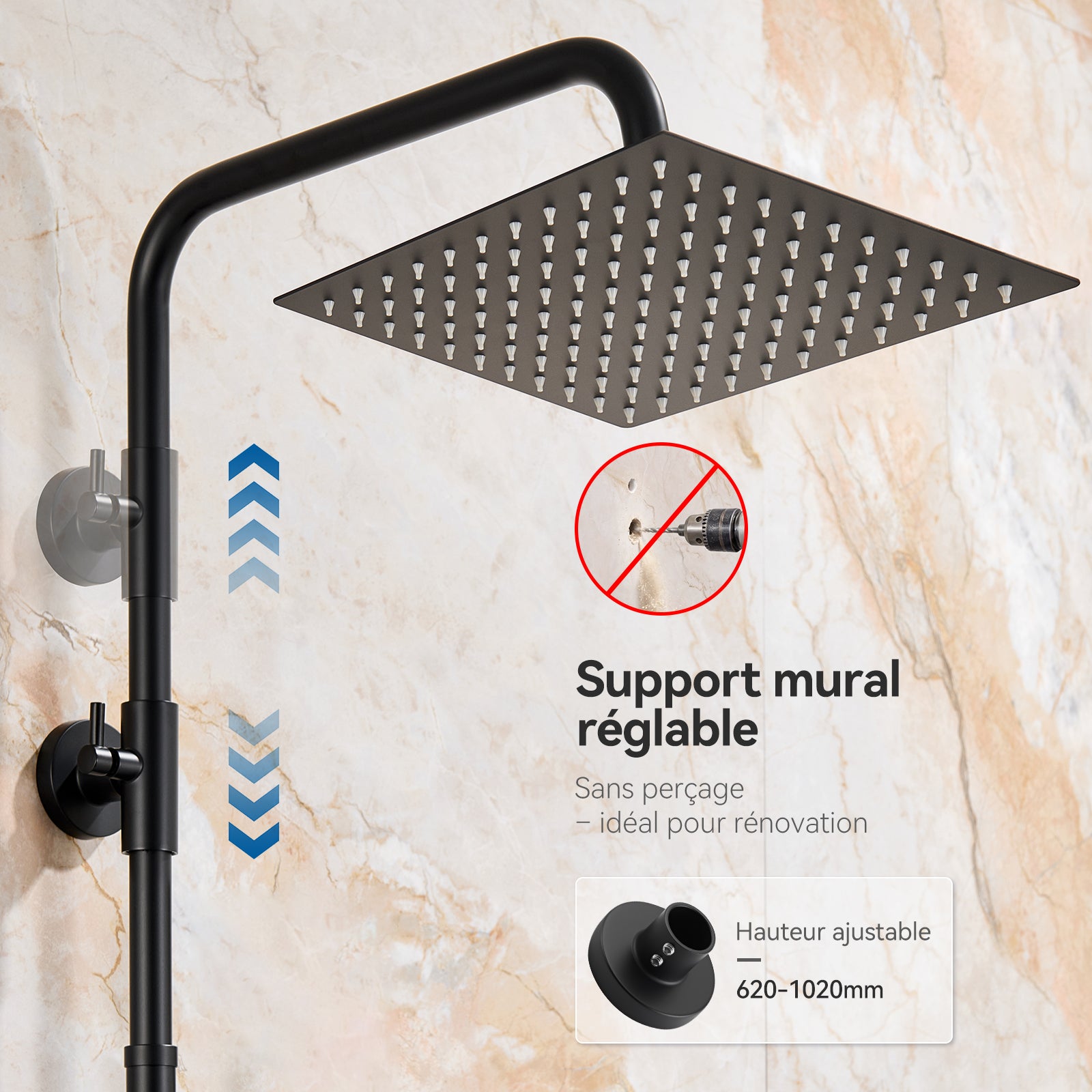 Auralum Max Colonne Douche Sans Mitigeur Noire,Tête Carrée 25×25 cm,Hauteur Réglable 72-110cm,Douchette Main,Étagère Sans Perçage/Flexible 1,5 m - 5