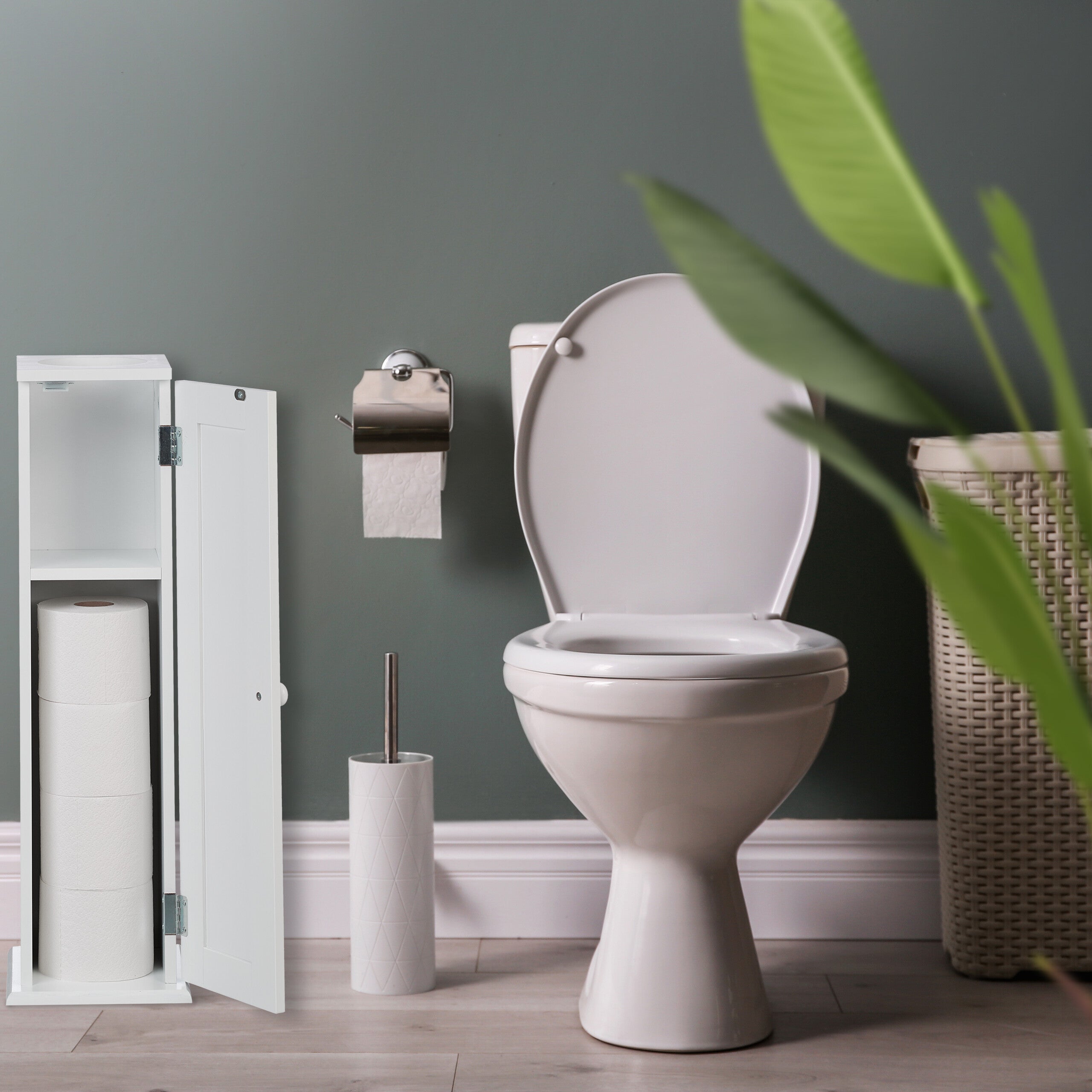Armário de toalete com 2 prateleiras e orifício para toalhetes, HBT 65x19,5x19,5 cm, porta, MDF, branco, Relaxdays - 2