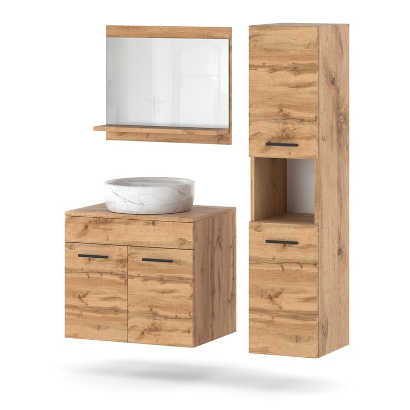 Zestaw łazienkowy wiszący 90cm szafka lustro słupek dąb wotan