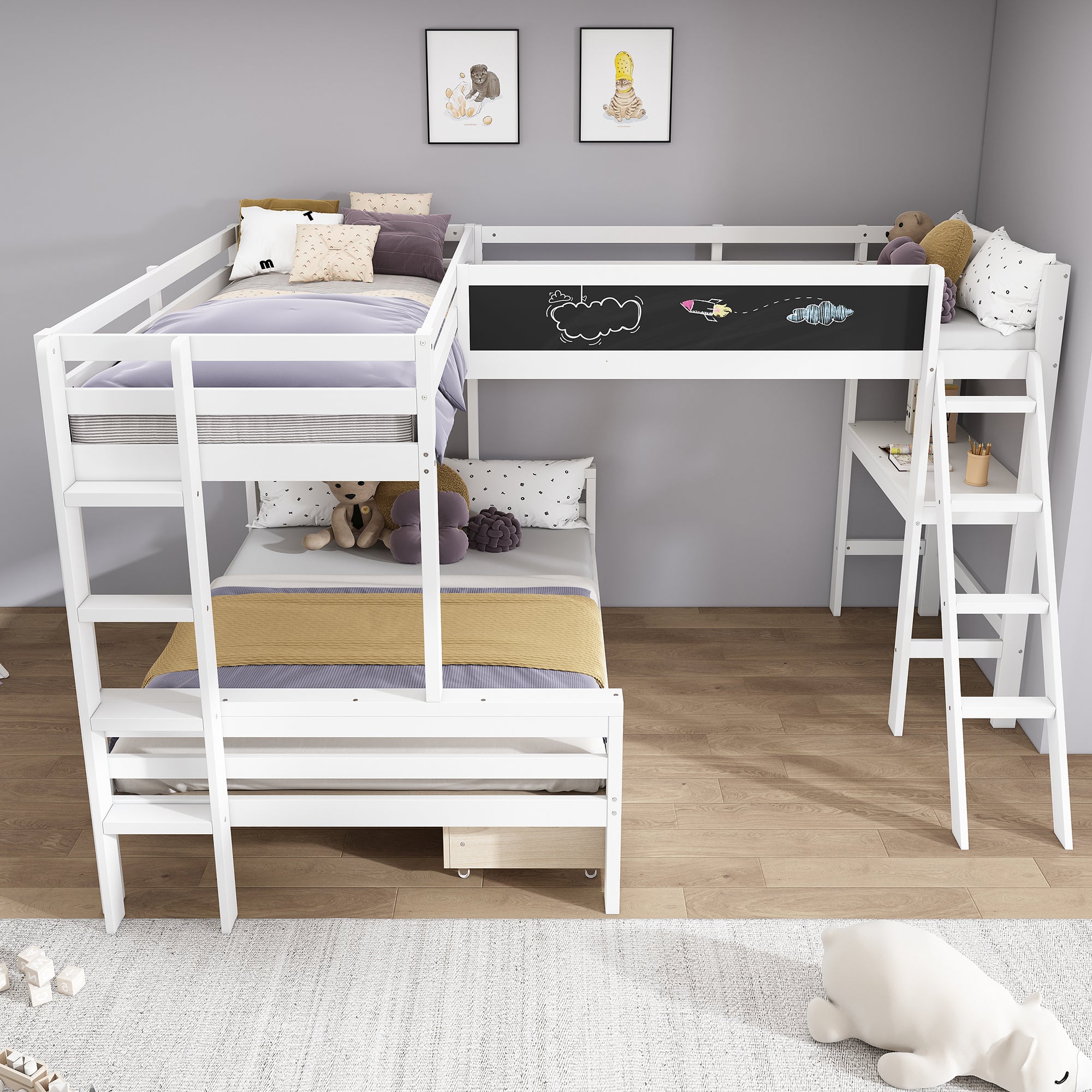 Lit superposé 2x90x200cm + 140x200cm en bois - avec un bureau et 2 tiroirs - Blanc - 3