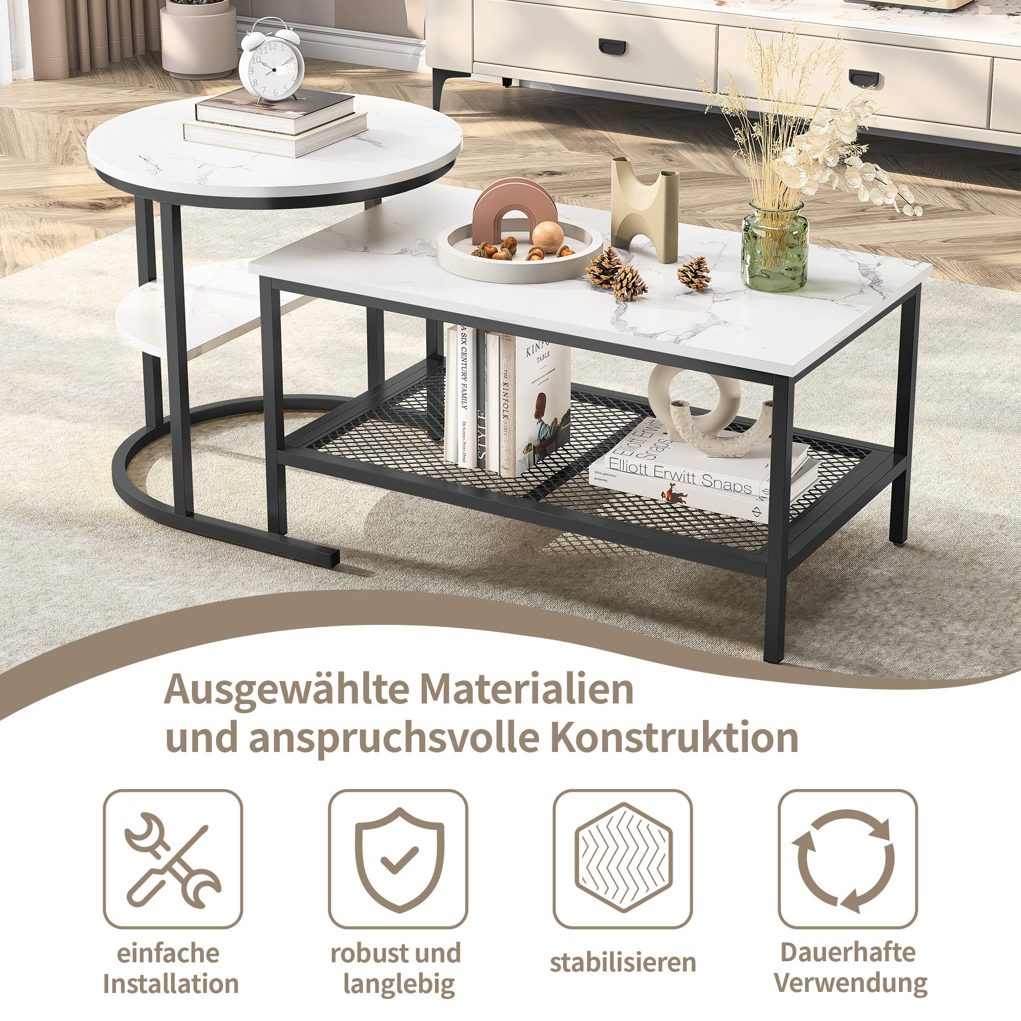 Table basse, 2 pièces, plateau plaqué marbre, design divisé, avec étagères de rangement, table d'appoint - 7