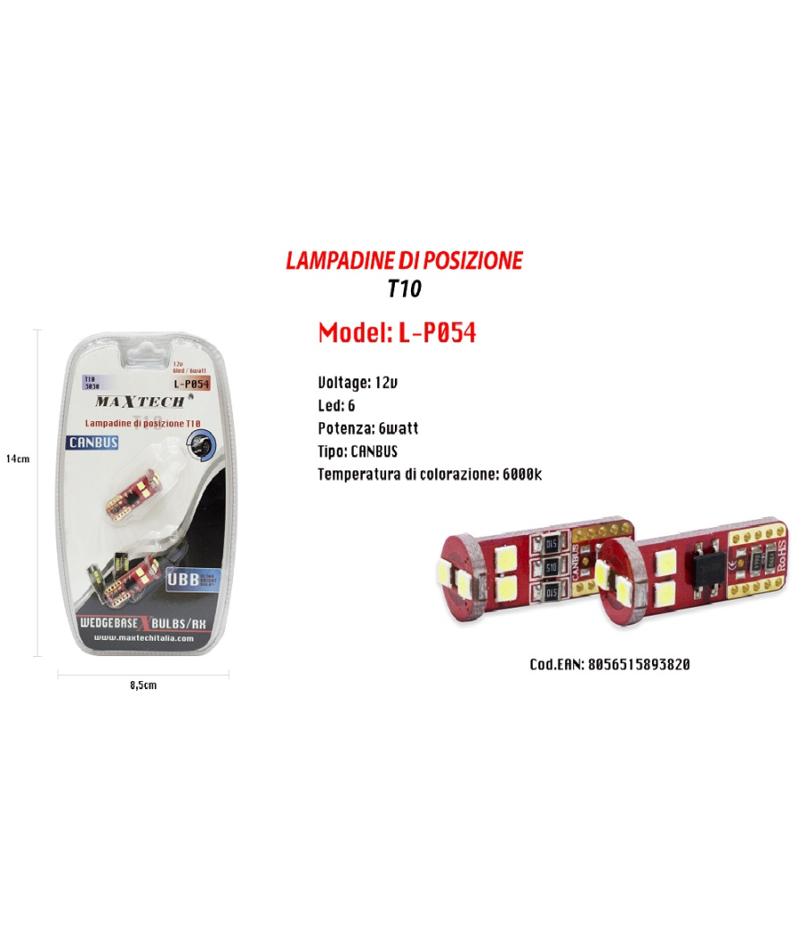 Trade Shop - Lampadine Di Posizione Canbus Maxtech L-p054 12v 6led 6w 6000k Ultra Luminose - - 2
