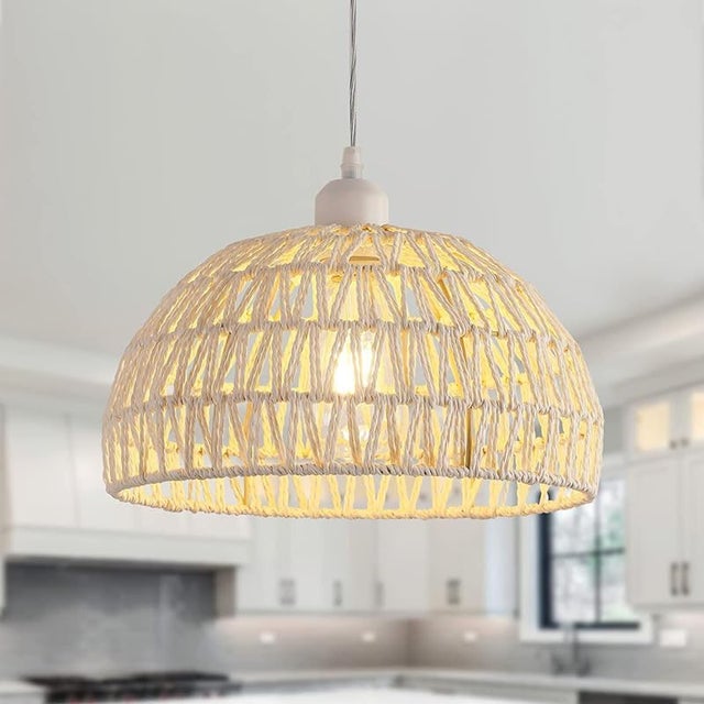 GOECO Suspension Rotin Ø30cm E27 Luminaire Plafonnier Chambre Salon Cuisine, Abat-jour Rond Style Bohème Lustre Intérieur, Câble 1.2m