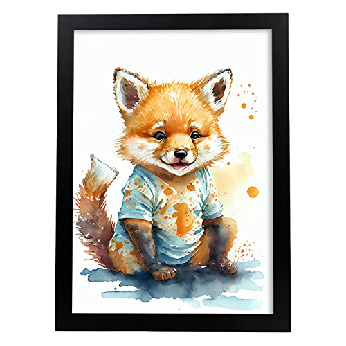 Poster de zorro en estilo acuarela ilustraciones infantiles a todo color de animalitos bebé sobre fondo blanco interiorismo y decoración a3 sin marco