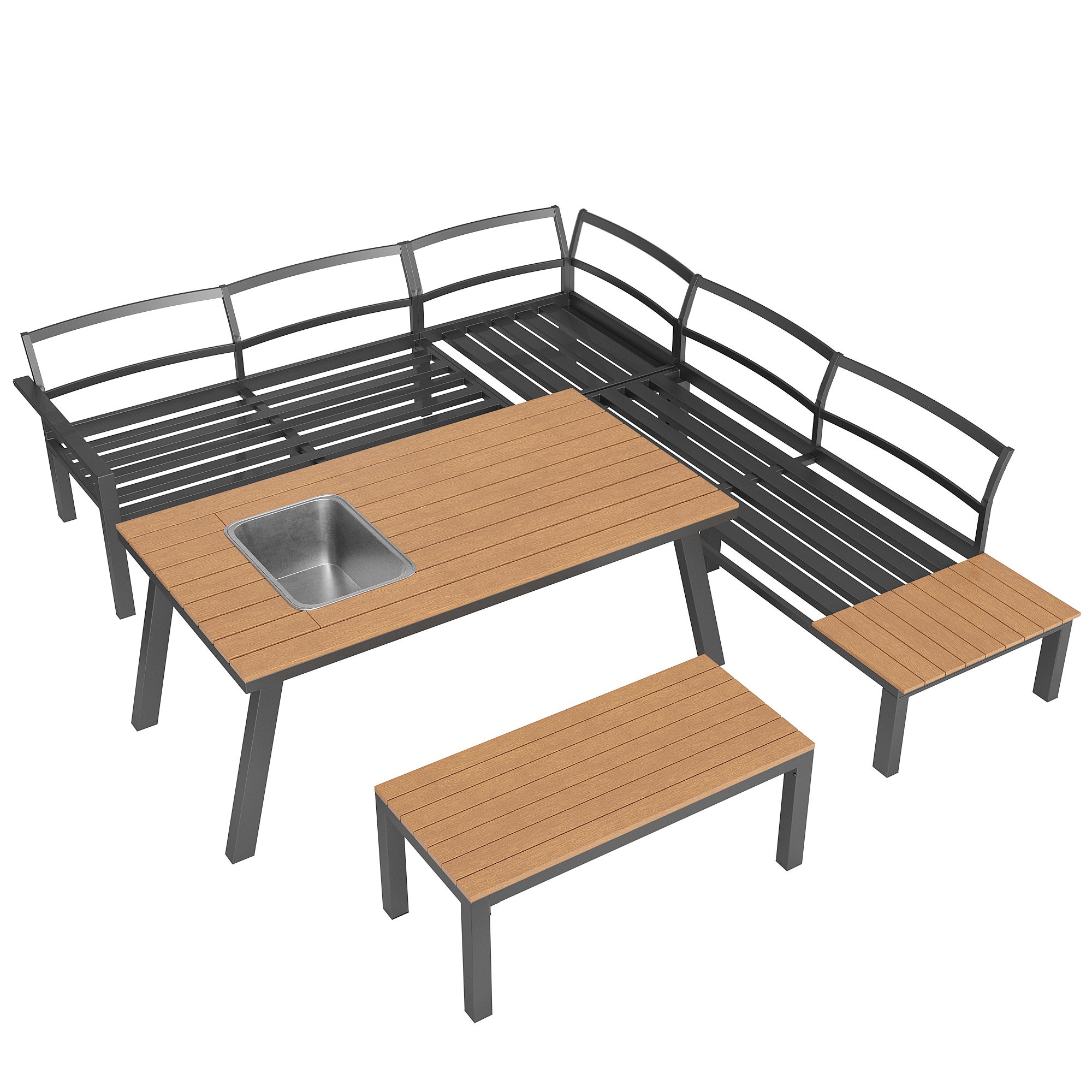 Muebles de jardín modulares en hierro galvanizado: 1 sofá esquinero de 6 plazas + 1 banco + 1 mesa de comedor - Gris + natural - 8