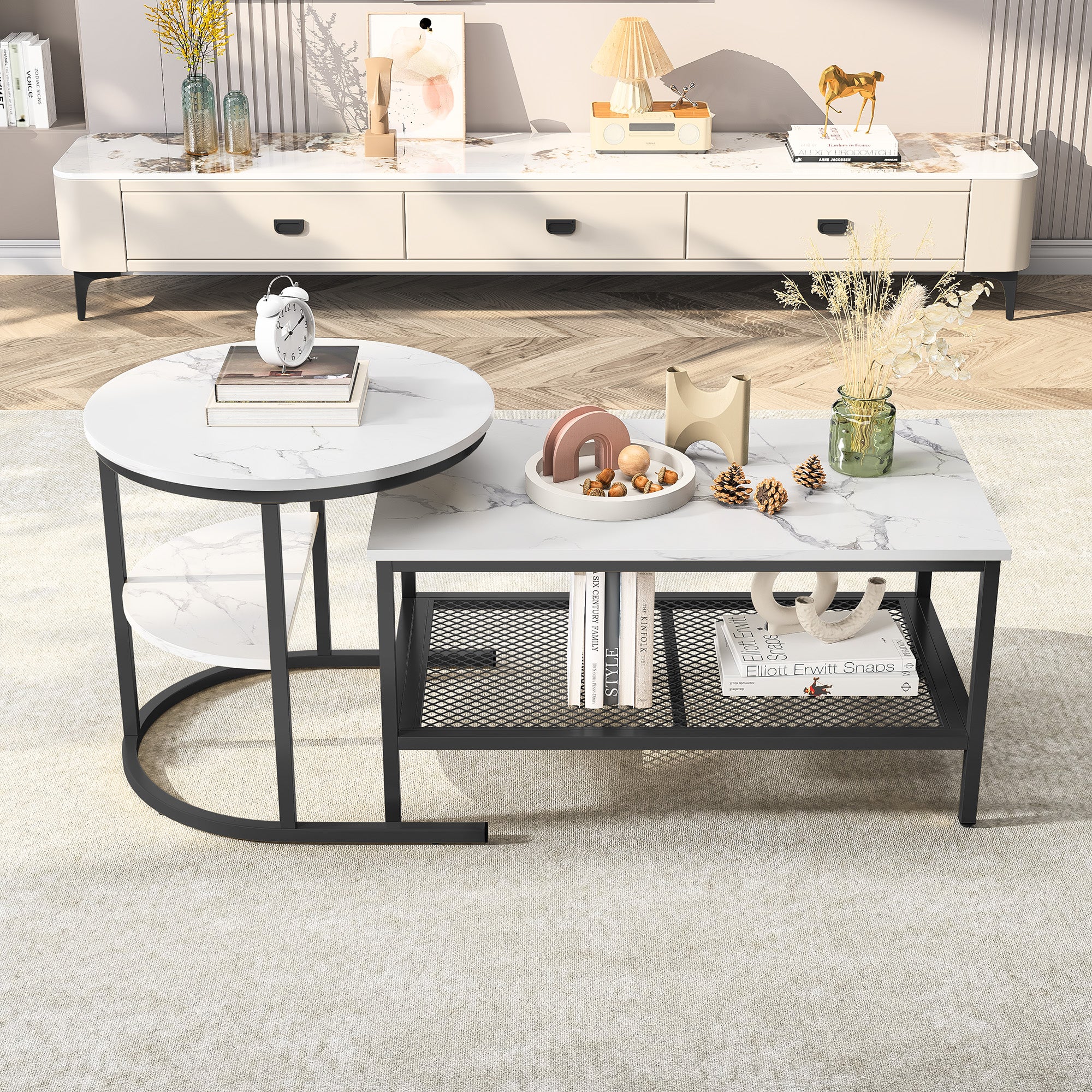 Tables Basses Gigognes Lot de 2,Table Gigogne Design Marbre, Cadre en Métal Noir, Table d'Appoint,Tables Basse Salon Rectangulaire pour Canapé,Chambre - 8