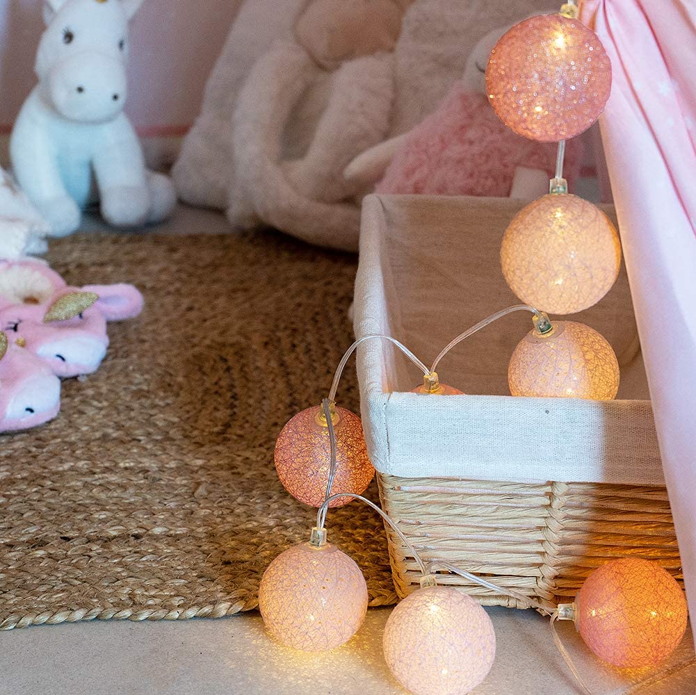 Guirlande lumineuse boules coton LED USB - Télécommande sans fil - Veilleuse bébé 2h - Adaptateur inclus - 4 intensités - 16 boules 3,2m - Princesse - 4
