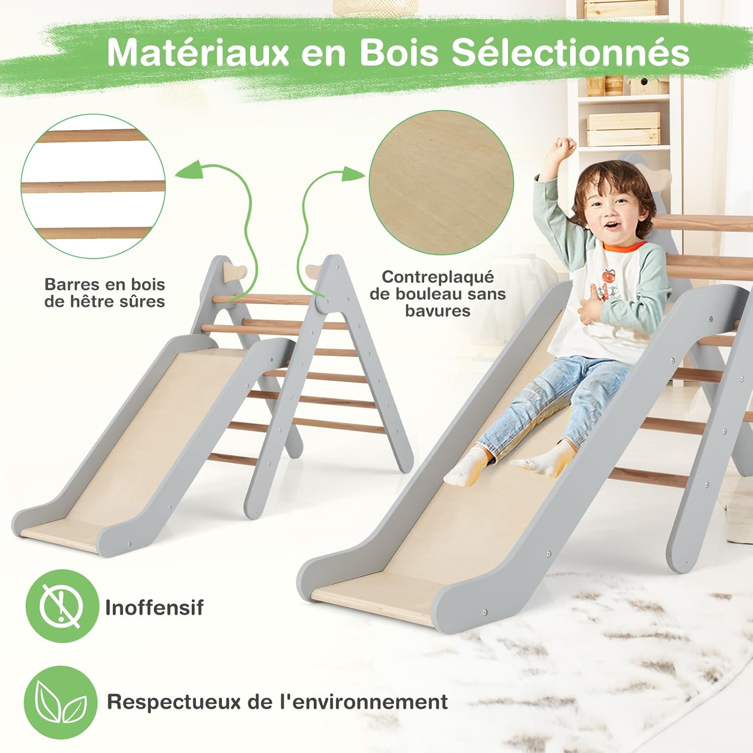 2 en 1 Triangle d'escalade Montessori Enfant avec Toboggan, Echelle d’Escalade en Bois avec Hauteur Réglable,Charge 60kg pour Enfants de 1 an+ - 4