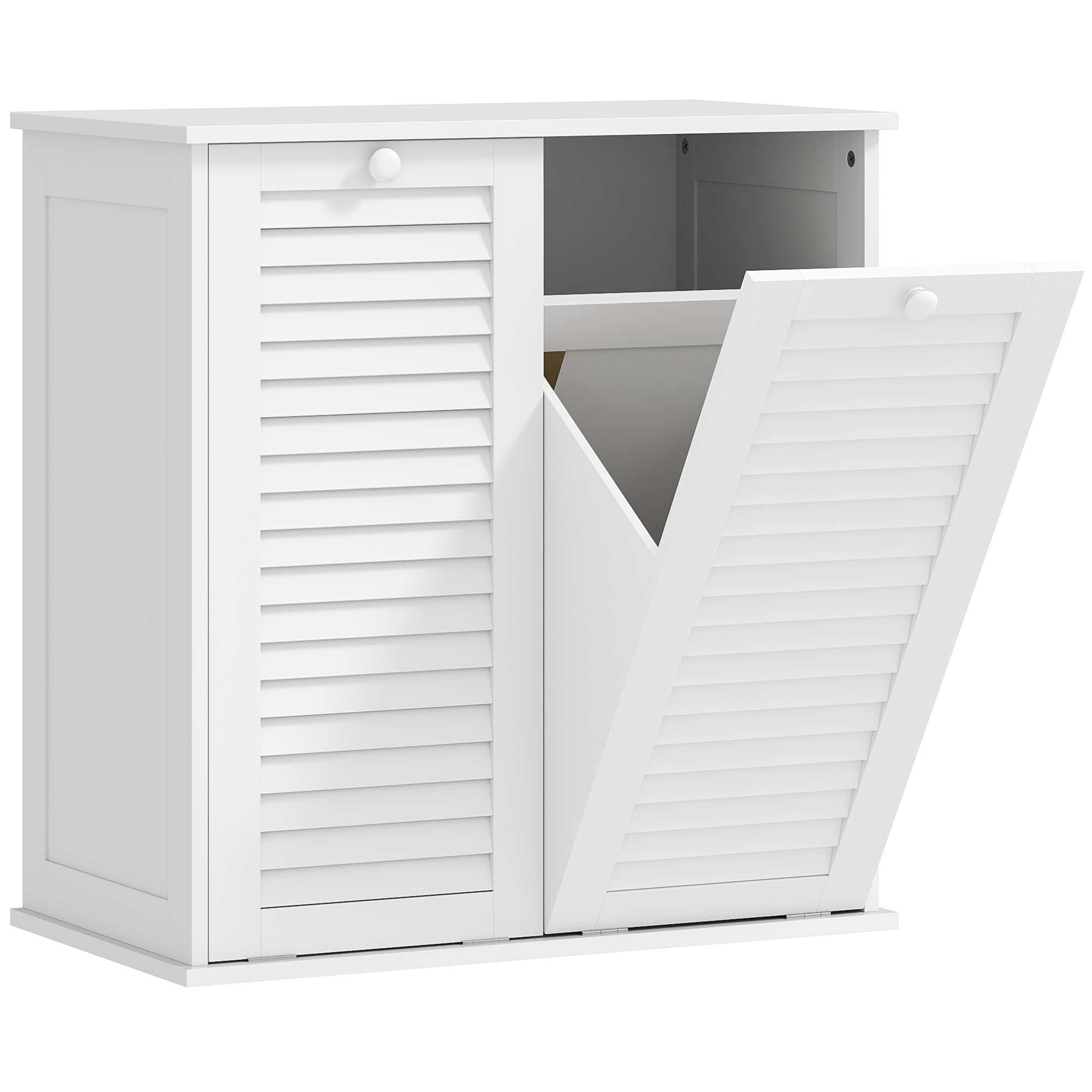 Armario para baño con 2 cestos para ropa, mueble organizador blanco mdf con puertas de lamas y asas 70x38x73cm para lavandería y baño