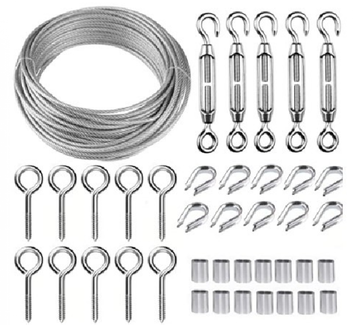 Kit 134 Pièces Câble Acier Inoxydable 30m X 2mm - Tendeurs Crochets Serre-Câbles Pour Suspensions