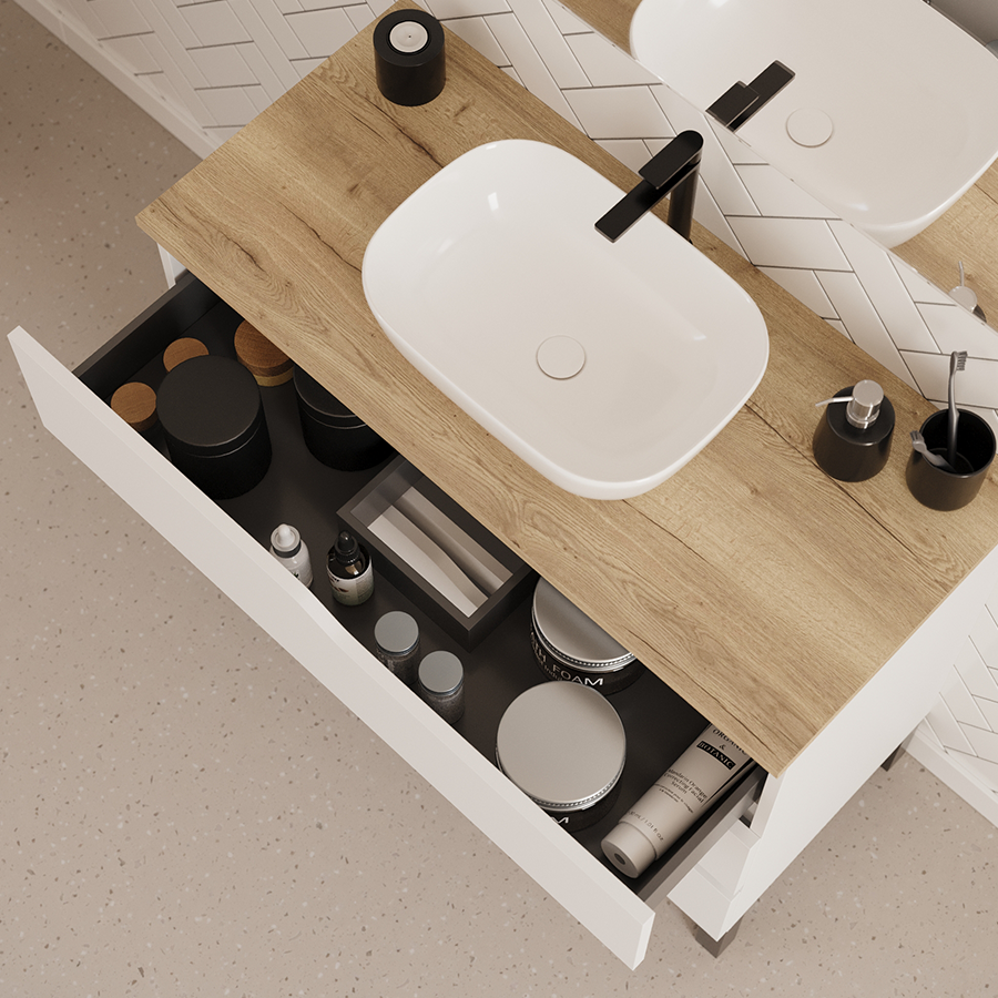 Meuble de salle de bain 90cm avec plateau miel et vasque à poser zeus - 3 tiroirs - sans miroir - blanc - MATA - 2