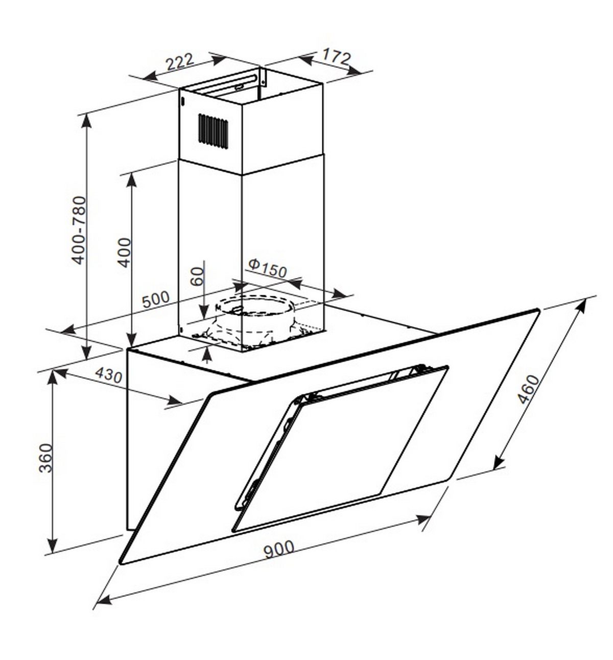 Campânula perimetral INFINITON CMPTRAL-A93N, vidro preto, largura 90cm, 720 m³/h, 3 velocidades, painel tátil, luzes LED, filtros de alumínio. - 2