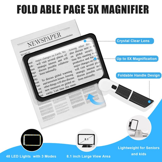 Loupe De Lecture 5X Pliable Avec Lumière LED - 48 LED 3 Modes, Grande Loupe Grossissante Portable Pour Lecture, Bijoutiers, Horlogers Et Personnes Âgées