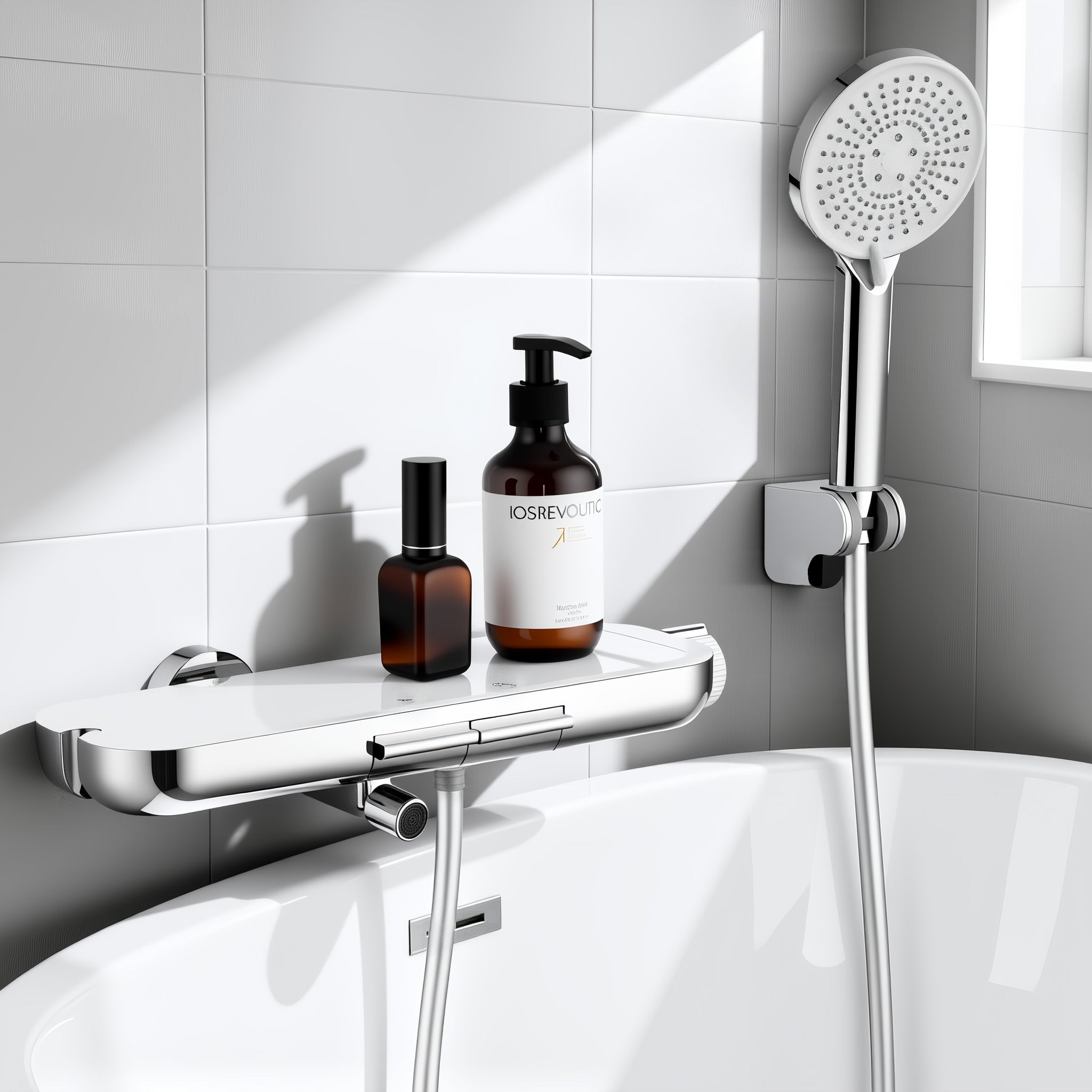 Bateria wannowa z półką 120×370 mm, słuchawka prysznicowa i odpływ wannowy, czarna