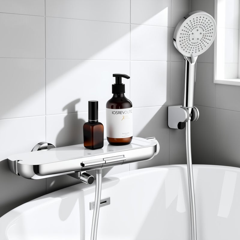 Bateria wannowa z półką 120×370 mm, słuchawka prysznicowa i odpływ wannowy, czarna