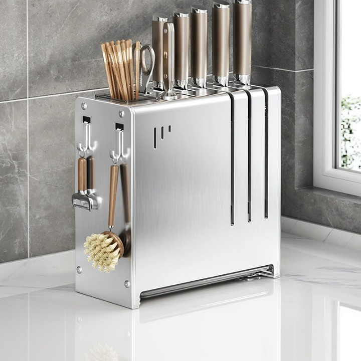 Uchwyt na noże kuchenne ze stali nierdzewnej z cylindrem na pałeczki, metaliczny kolor, 22,5*11*24 cm