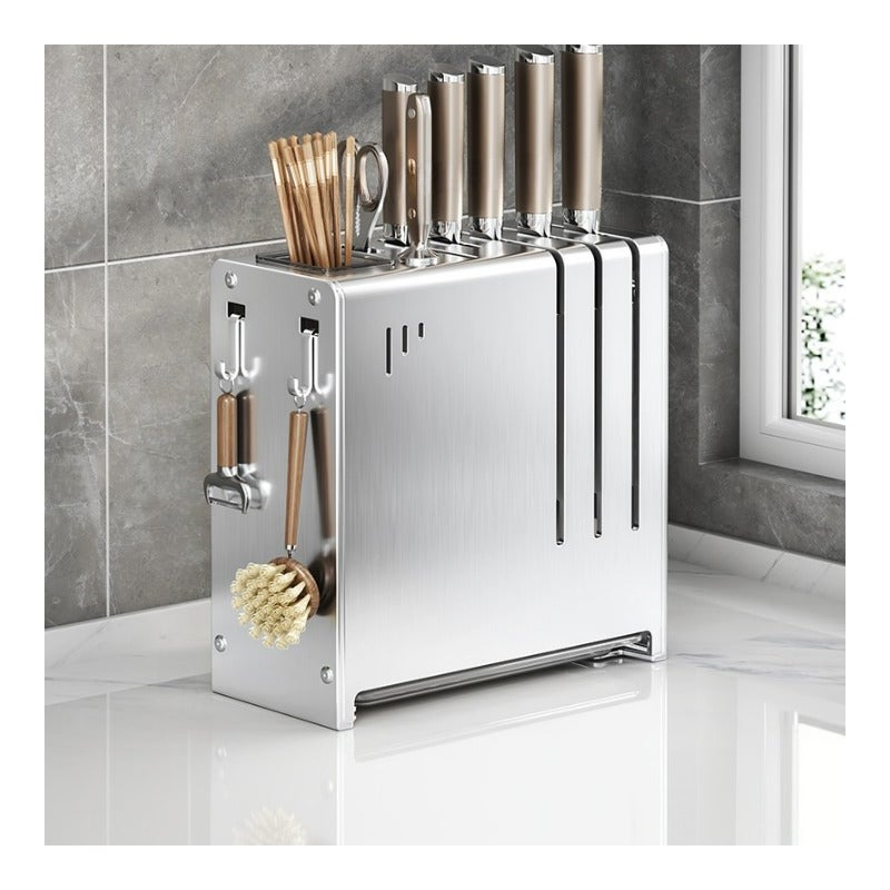 Uchwyt na noże kuchenne ze stali nierdzewnej z cylindrem na pałeczki, metaliczny kolor, 22,5*11*24 cm