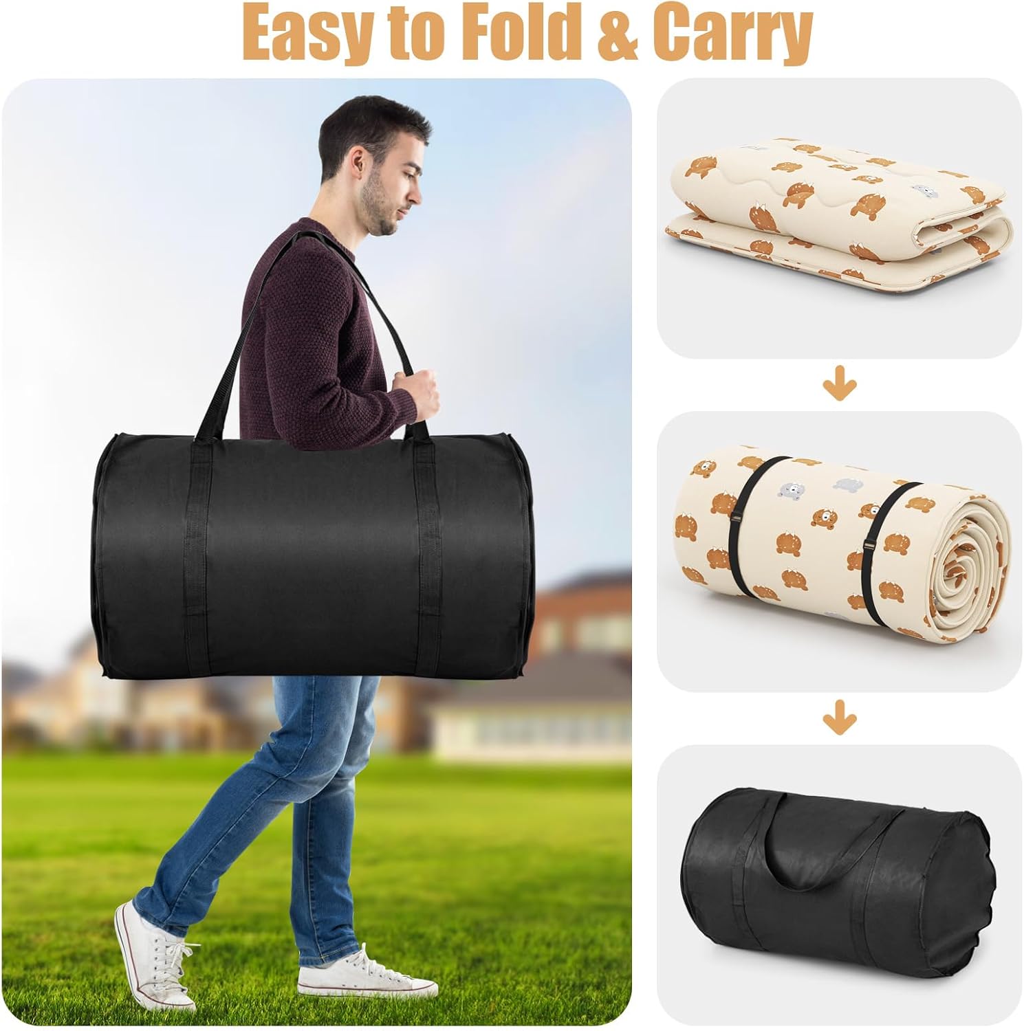 Matelas Futon Japonais 1 Personne 90x200CM, Lit de Couchage Enroulable de Sol Pliable et Portable avec Sac de Transport pour Camping, Voyages, Ours - 7