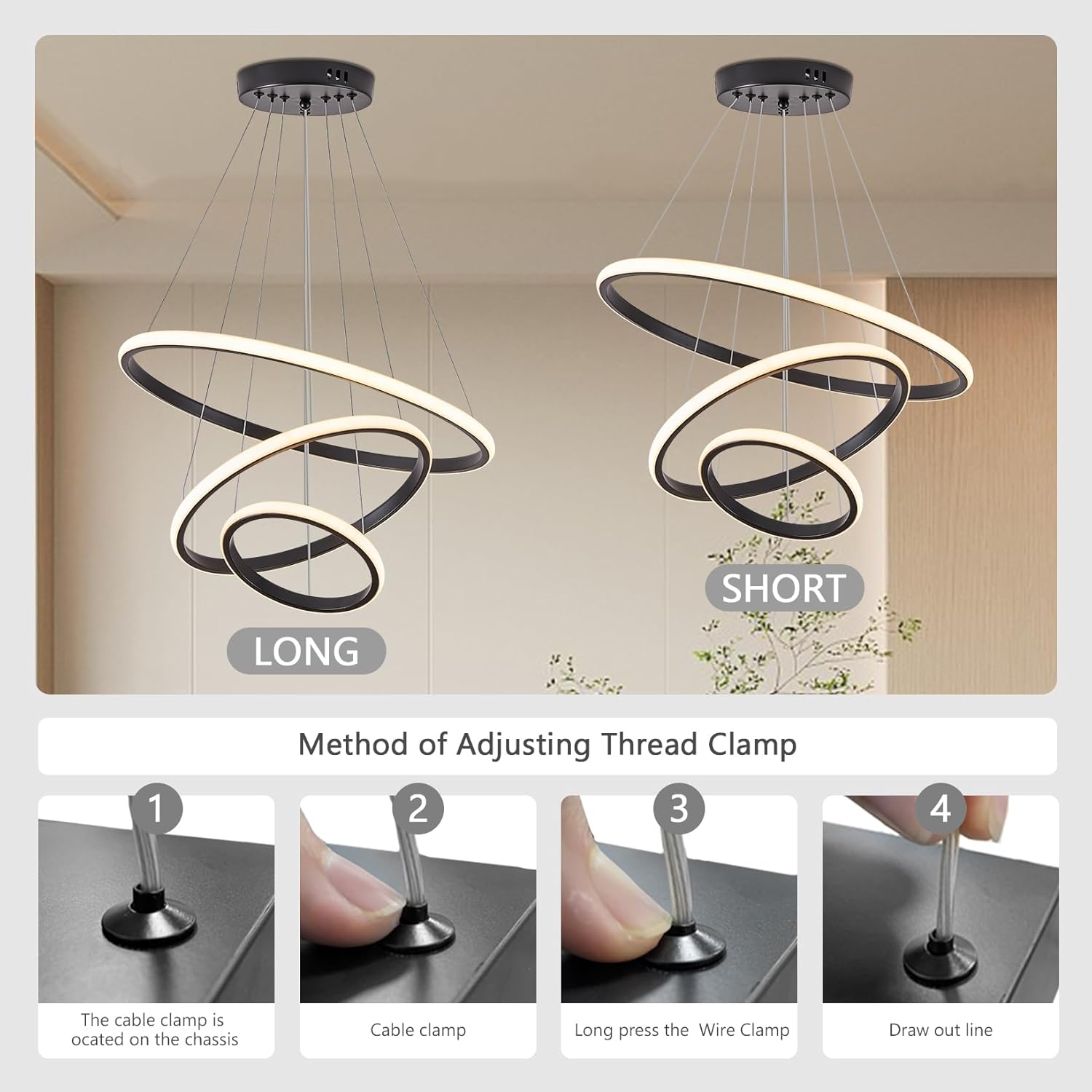 COMELY Suspension LED Moderne Spirale Noir 40W, Lustre 3 Anneaux Dimmable avec Télécommande Ø20+40+60 cm pour Salon Salle à Manger - 2