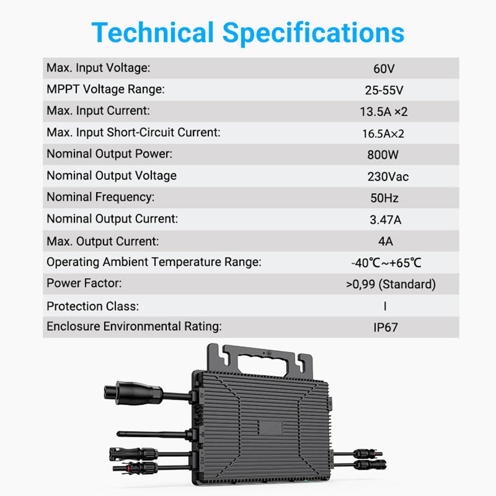 Micro-onduleur LIONSHEE LS-800Mi 800W - 2 MPPT, Sortie 230V - Rendement de Pointe 96%, IP67 - Surveillance Wi-Fi - 3