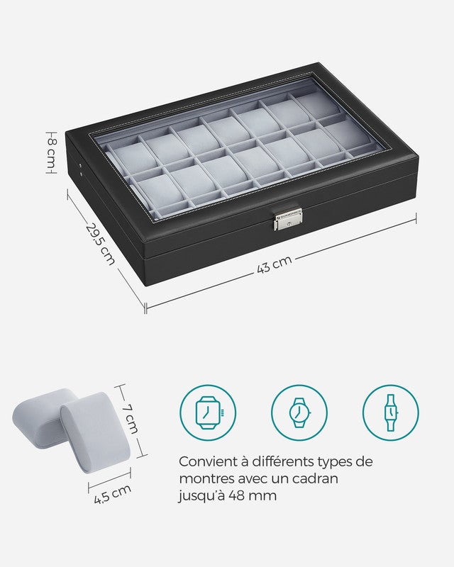 Boîte à Montres, Verrouillable, Écrin, Organisateur, avec 16 Compartiments, Couvercle en Verre, PU, Doublure en Gris et Surface en Noir d'Encre - 4