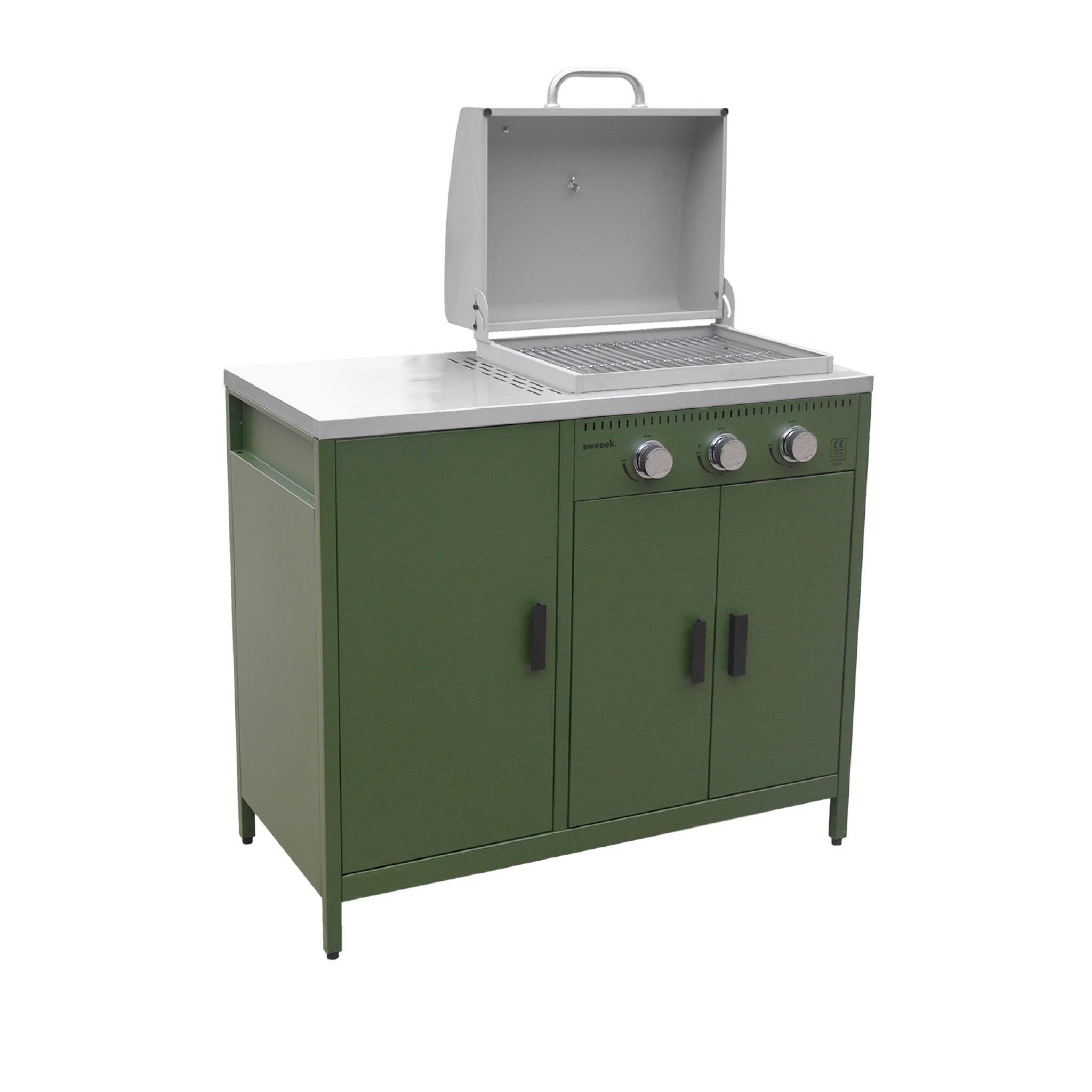 Cozinha exterior 3 módulos com churrasqueira a gás 3 queimadores em pés, Naxos, Verde, 100x51x87.5 cm - 9