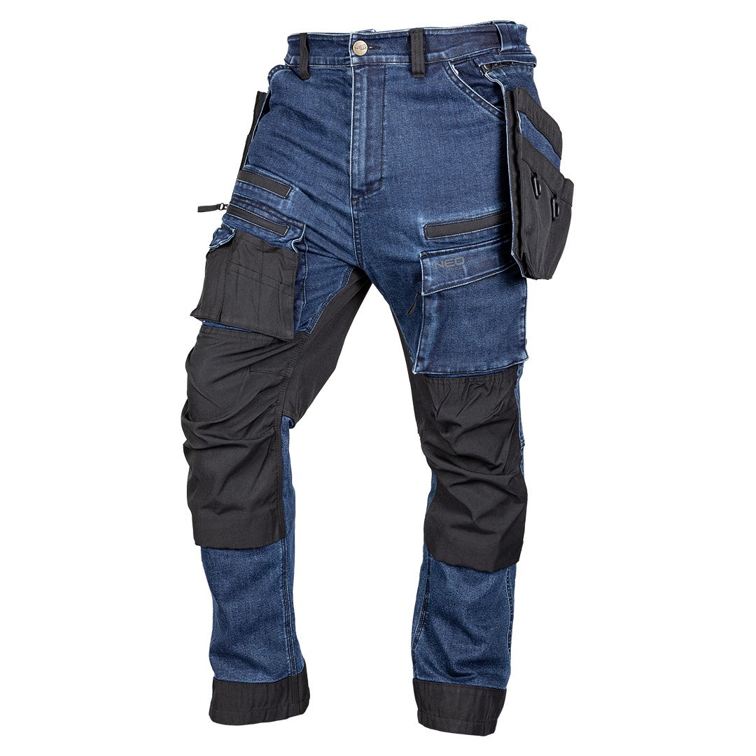 Spodnie robocze DENIM, wzmocnienia Cordura, odpinane kieszenie kaburowe, granatowe, r. S NEO TOOLS