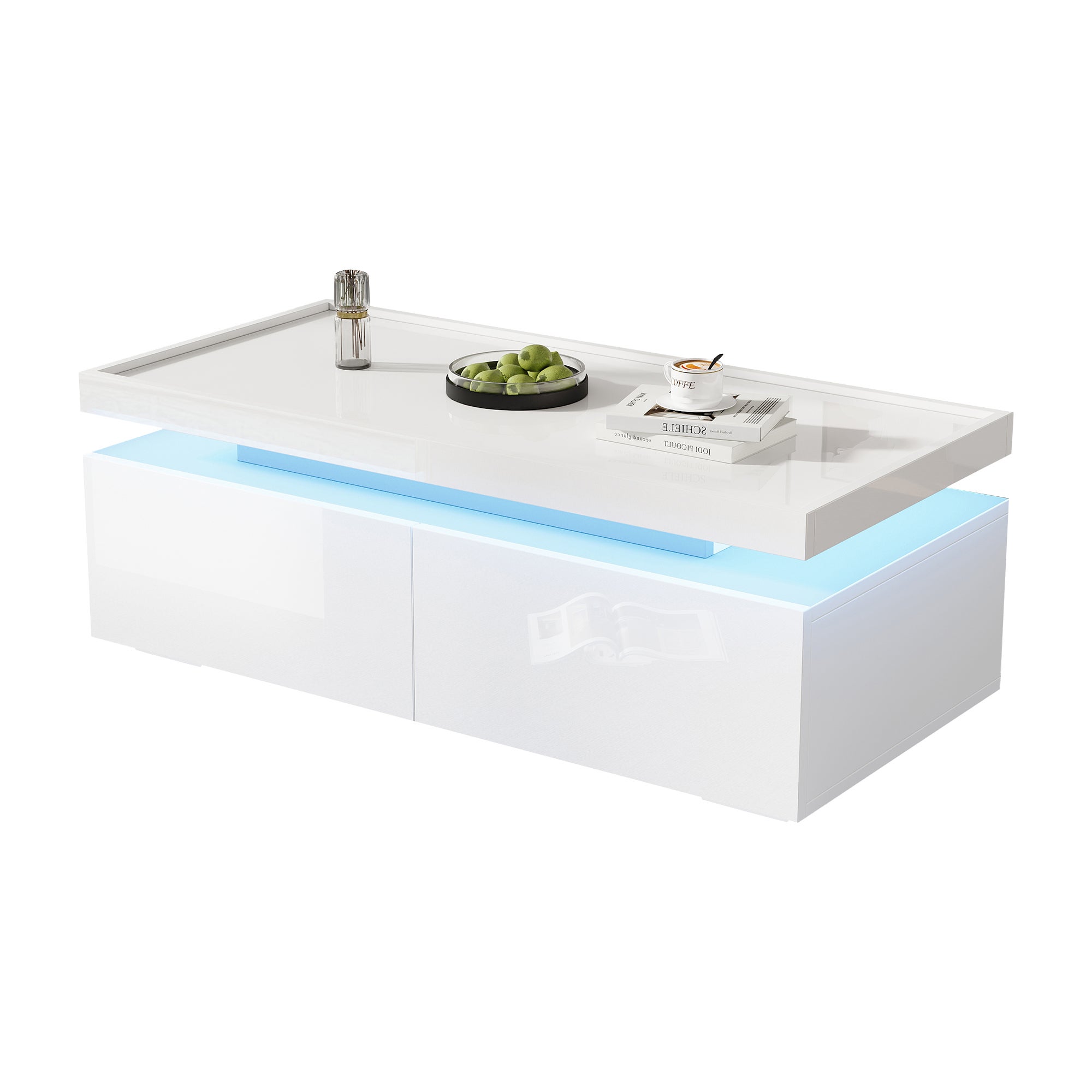 Stolik kawowy z 2 szufladami, stolik pomocniczy - 95 x 45 x 35 cm - Diody LED - Płyta wiórowa - Biały połysk - 6