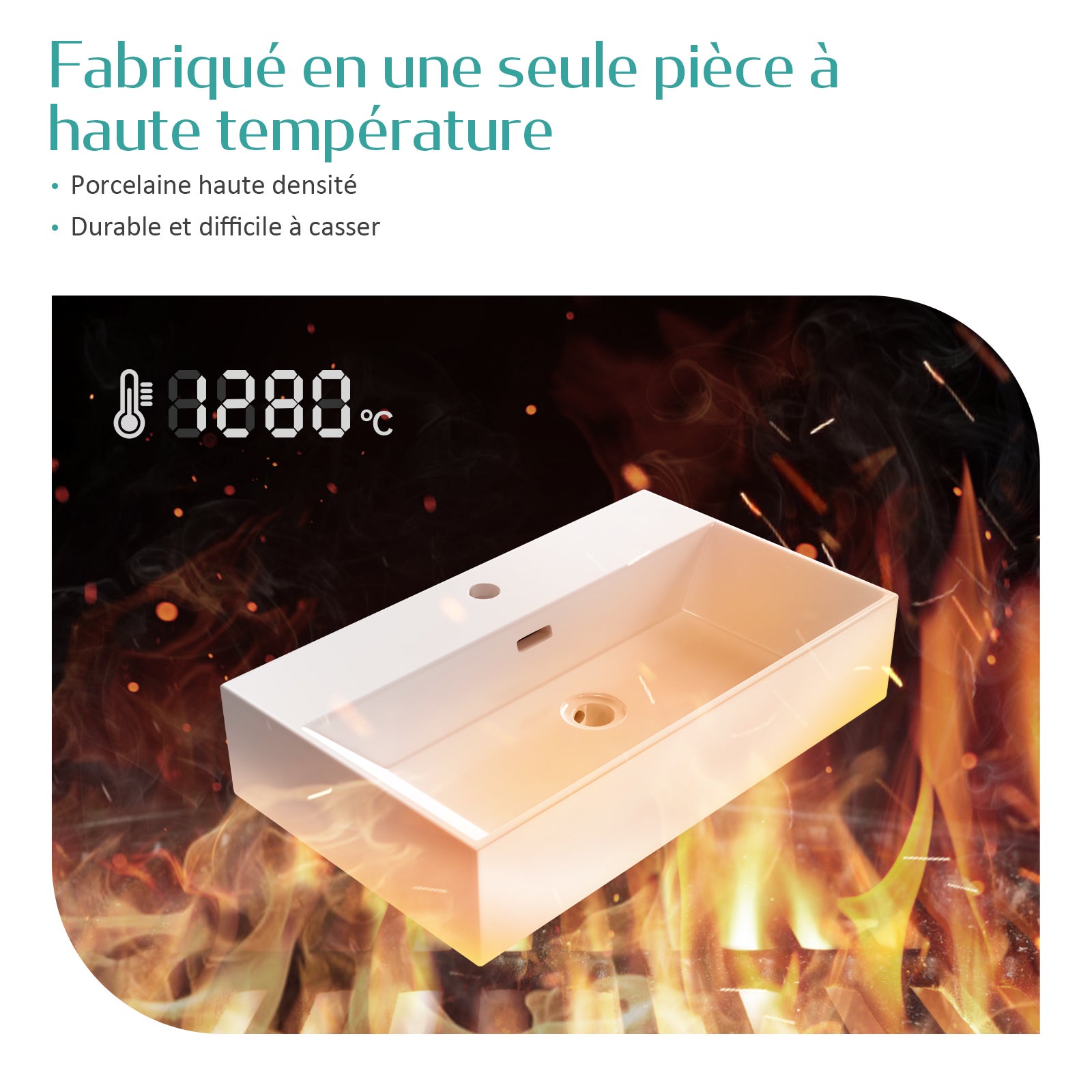 EMKE Vasque à Poser en Céramique rectangulaire 51,5 x 36 x 13 cm à trou pour robinet - Blanc brillant - 5