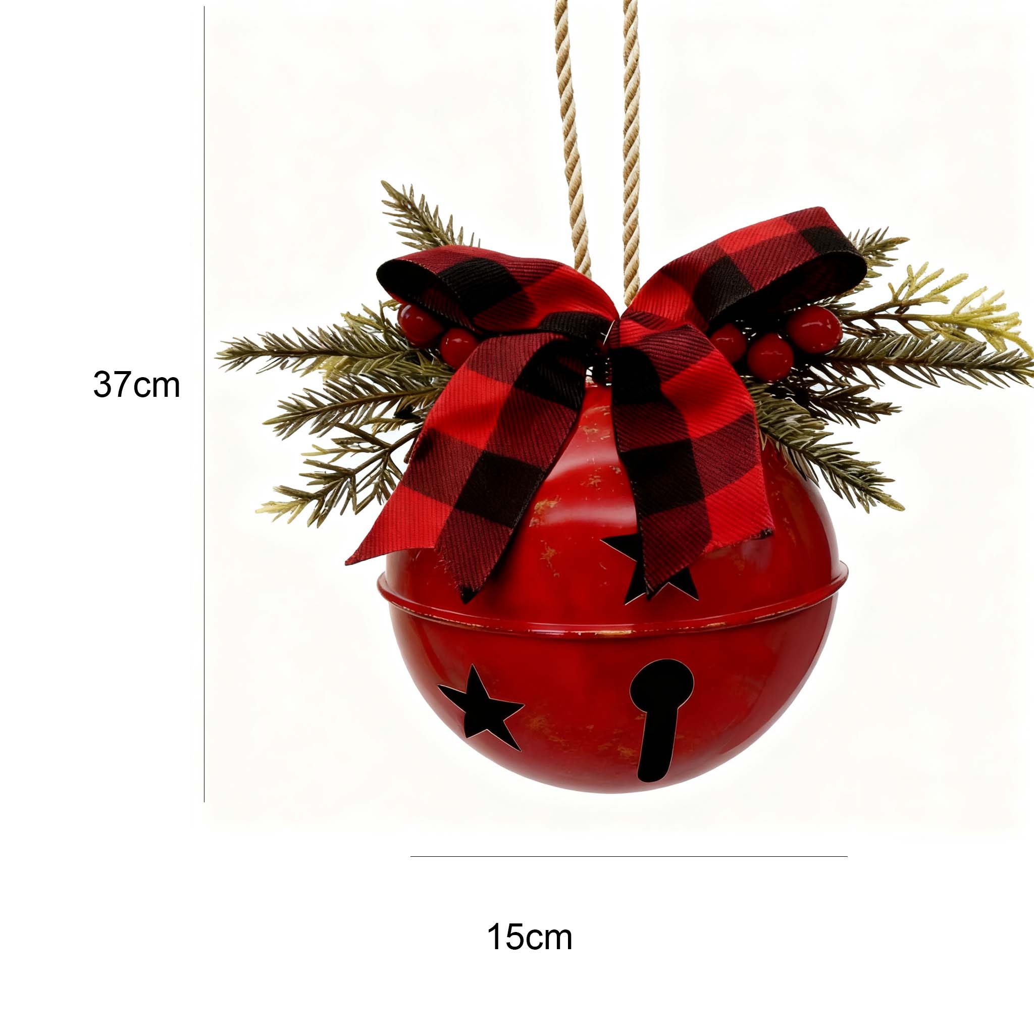 Cloche de Noël rouge et dorée – Décoration vibrante en fonte avec nœud écossais pour porte, fenêtre ou arbre de Noël – Élégance festive - 2