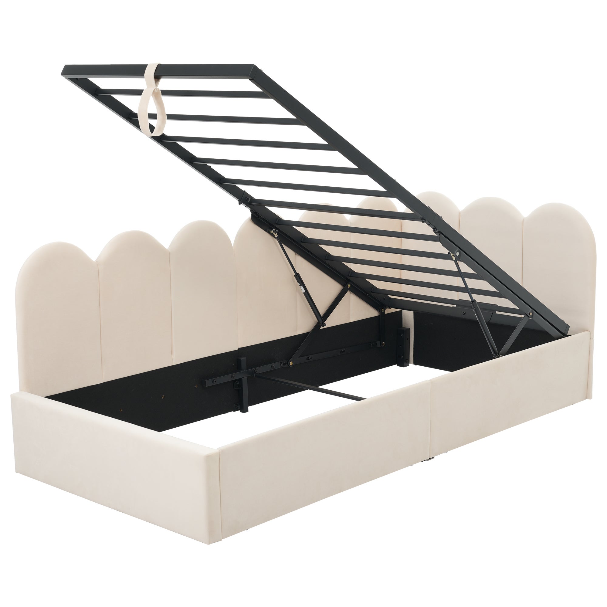 Lit coffre 90 x 190 cm avec tête de lit et dossier, canapé-lit - Velours - Sommier à lattes métalliques - Beige (sans matelas) - 9